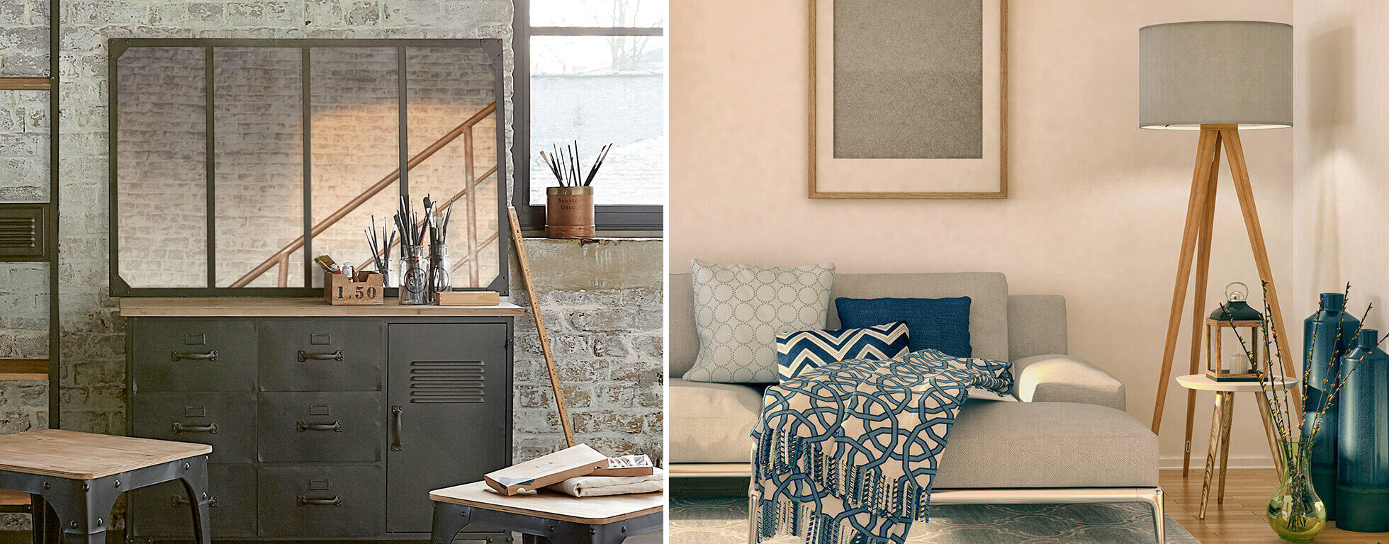 pièces décorée avec miroir industriel et déco textile tendance