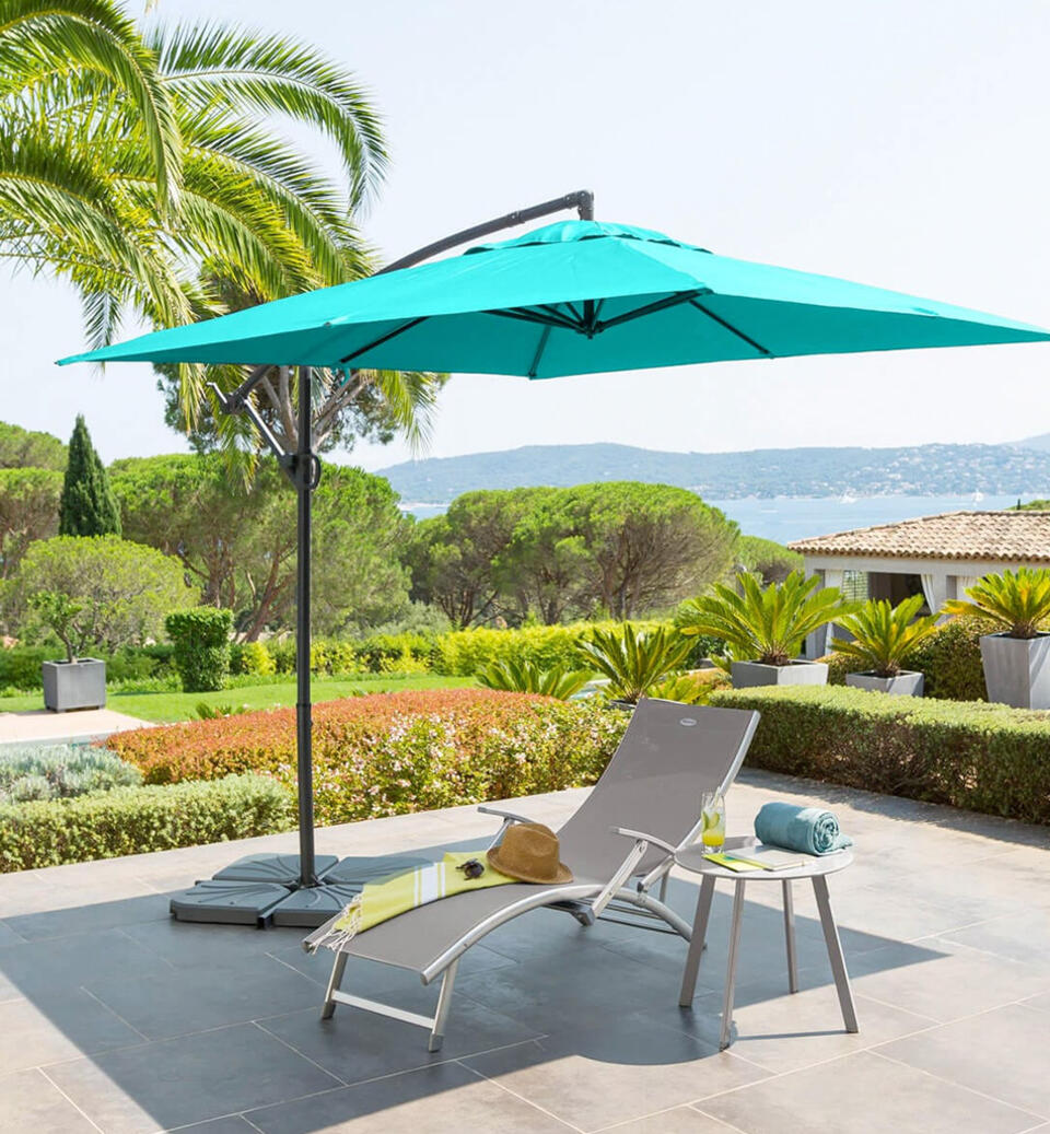 parasol déporté bleu turquoise