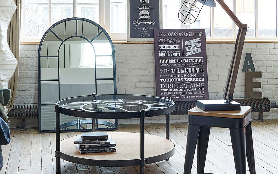 salon avec meuble industriels