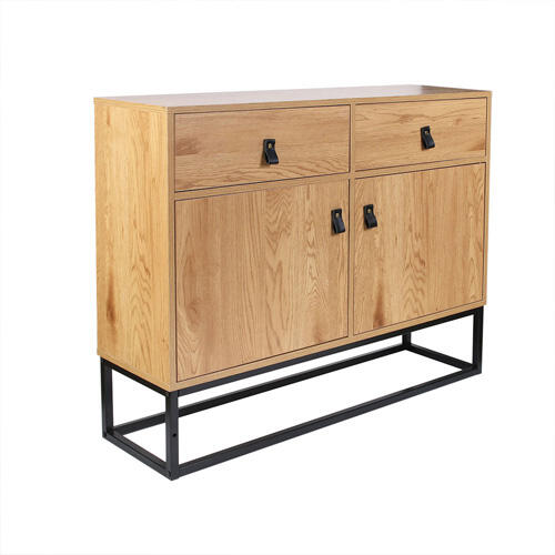 console en bois clair et métal noir