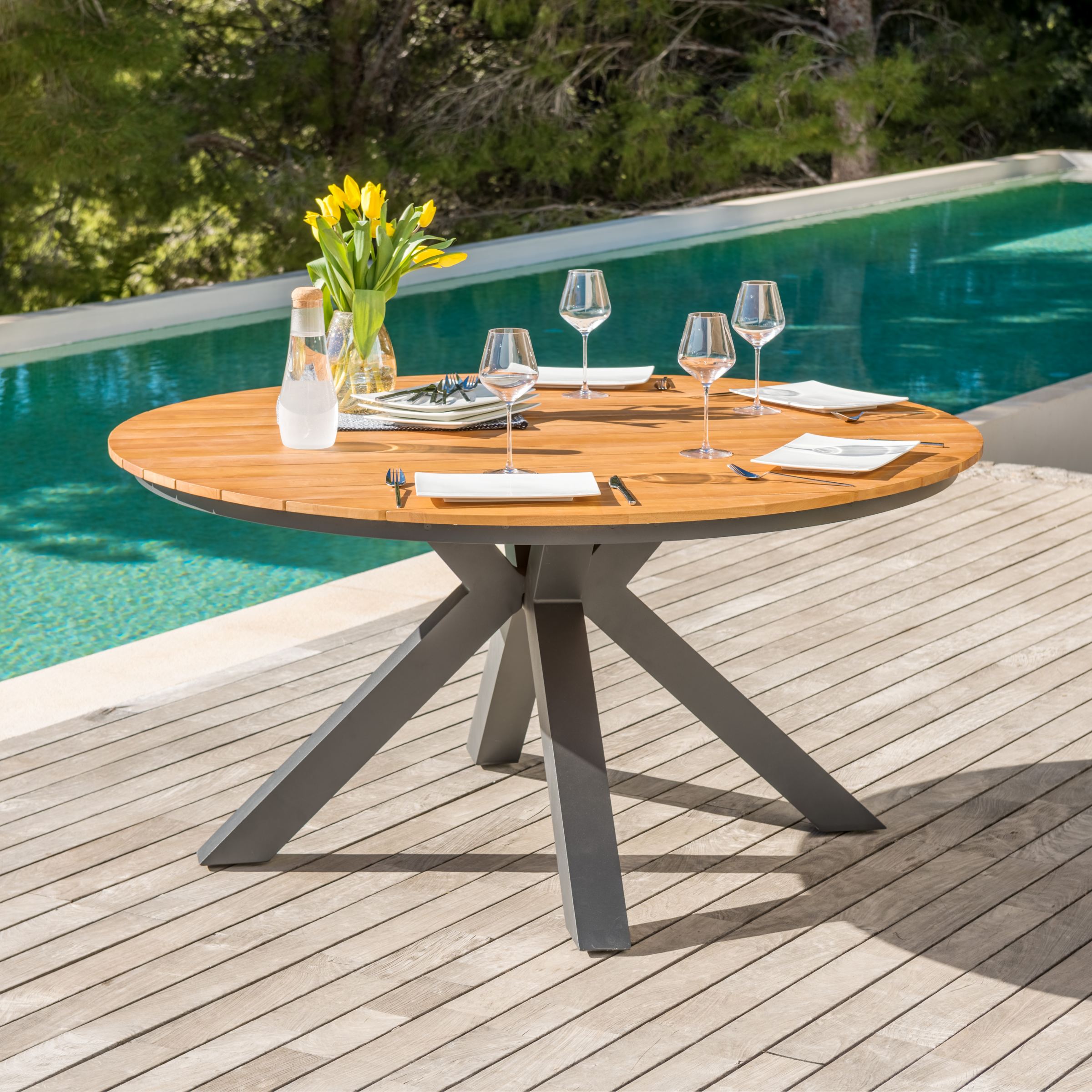 Table de jardin ronde aluminium/teck 8 places (D140 cm) Bali - Gris anthracite