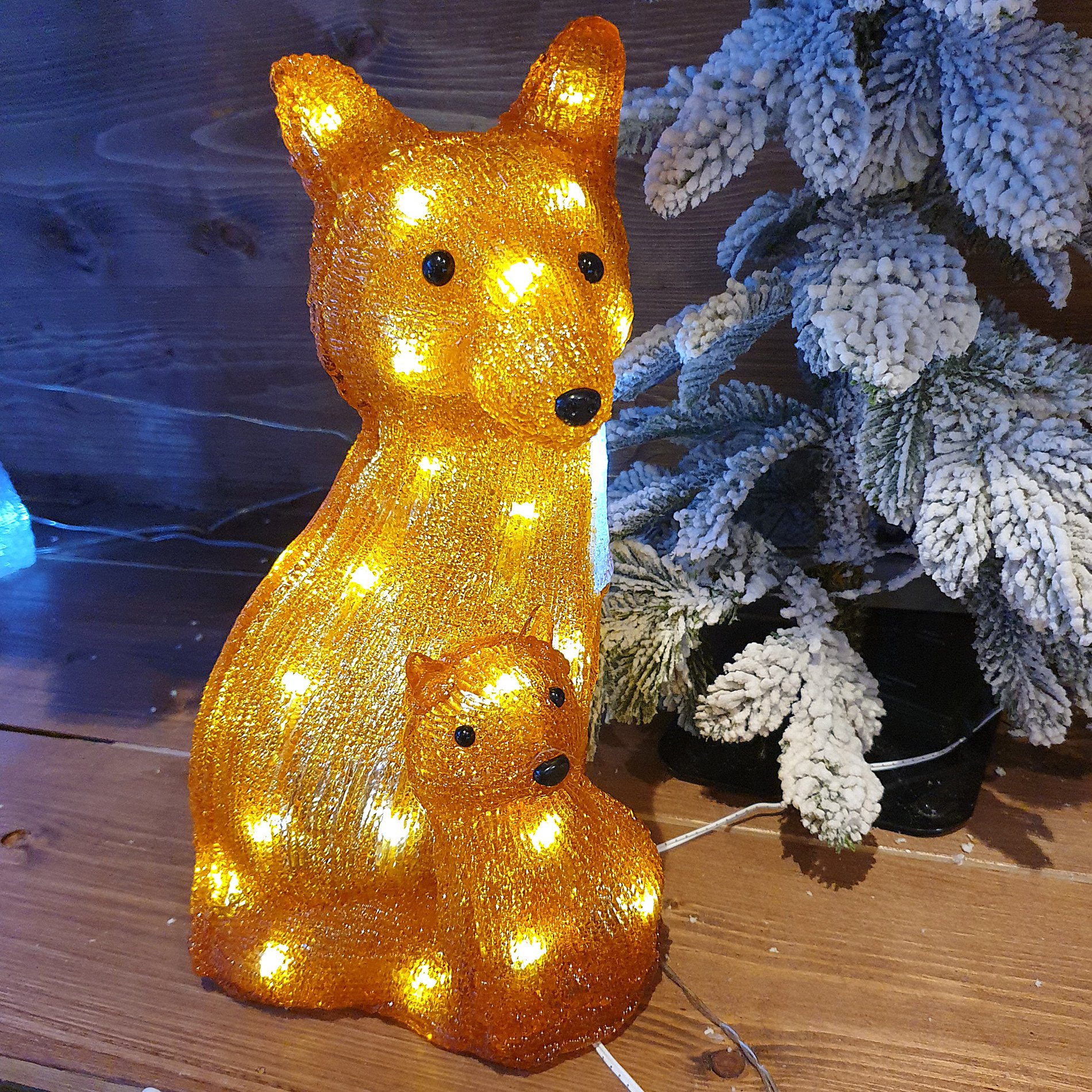 Renard lumineux Maman et son petit à piles Blanc froid 30 LED 1