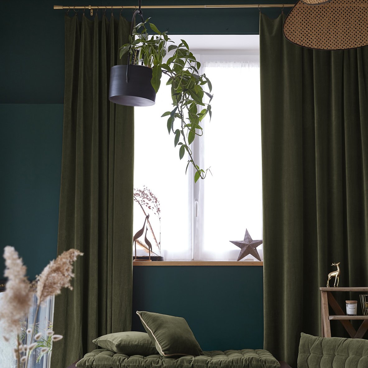 Rideau velours de coton ajustable (140 x max 270 cm) César Vert thym 1