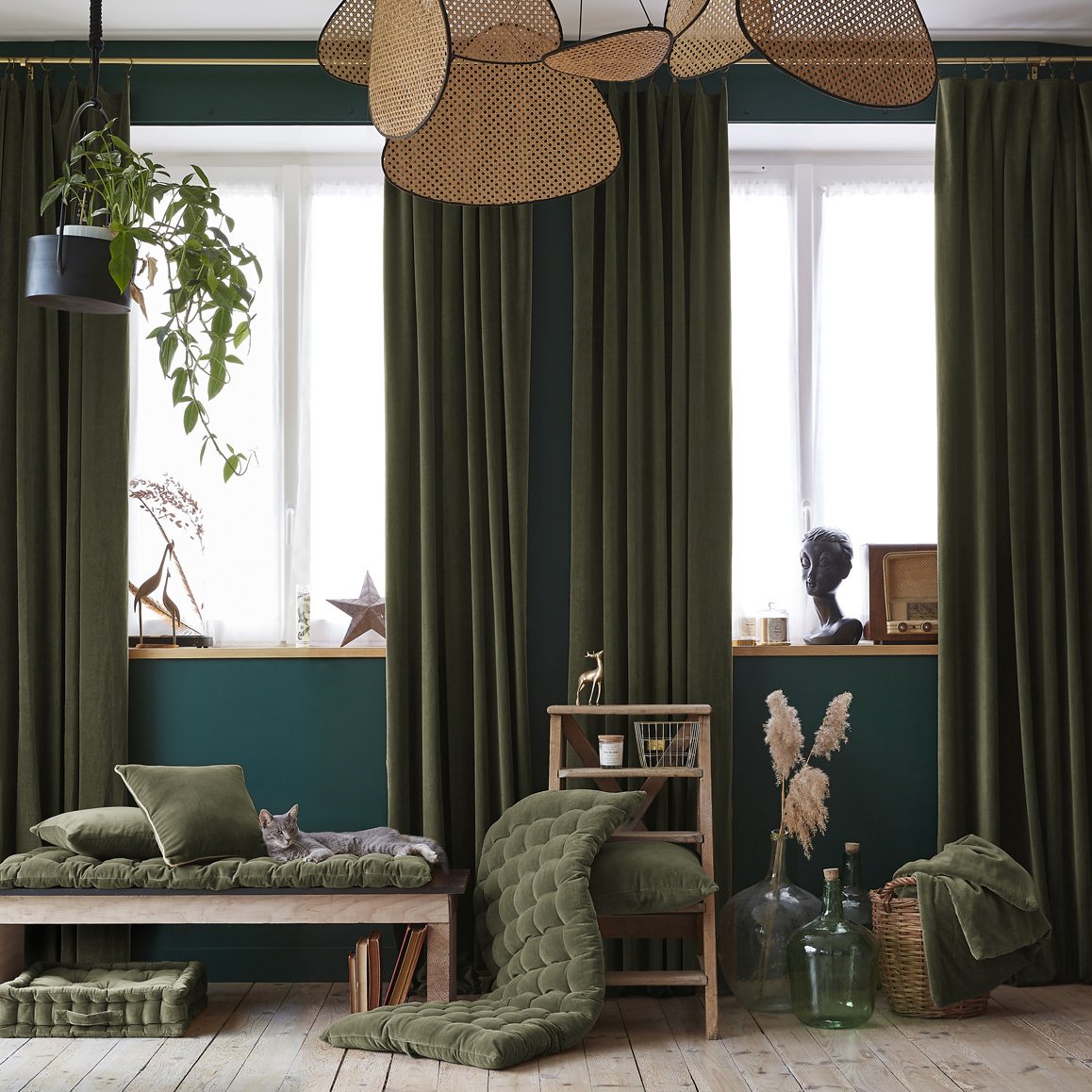 Rideau velours de coton ajustable (140 x max 270 cm) César Vert thym 5