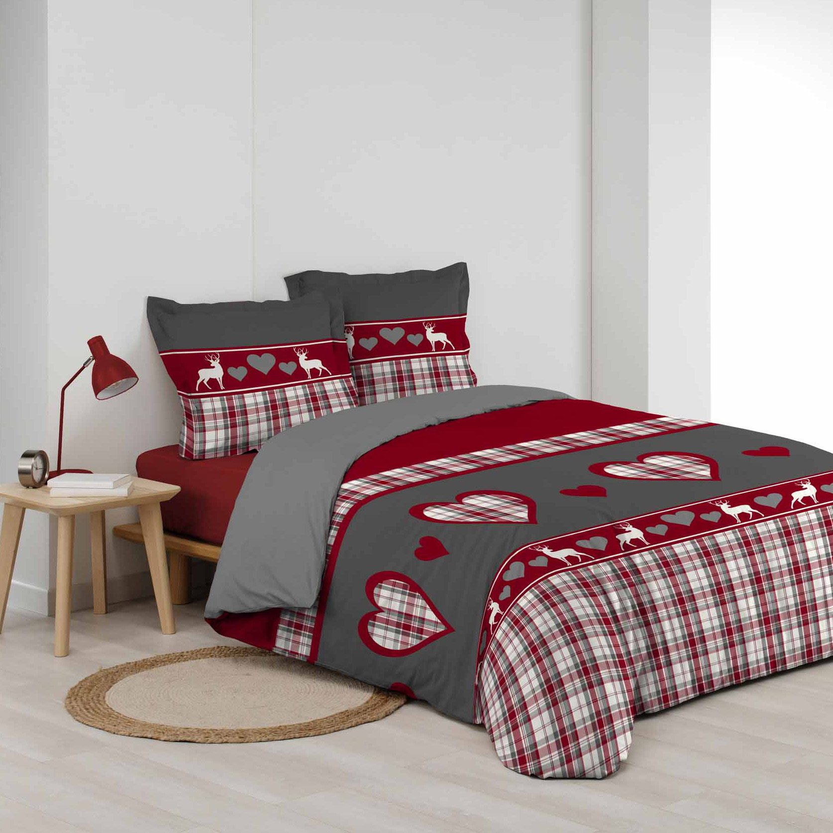 Housse de couette et deux taies coton (240 cm) Suzon Rouge 2