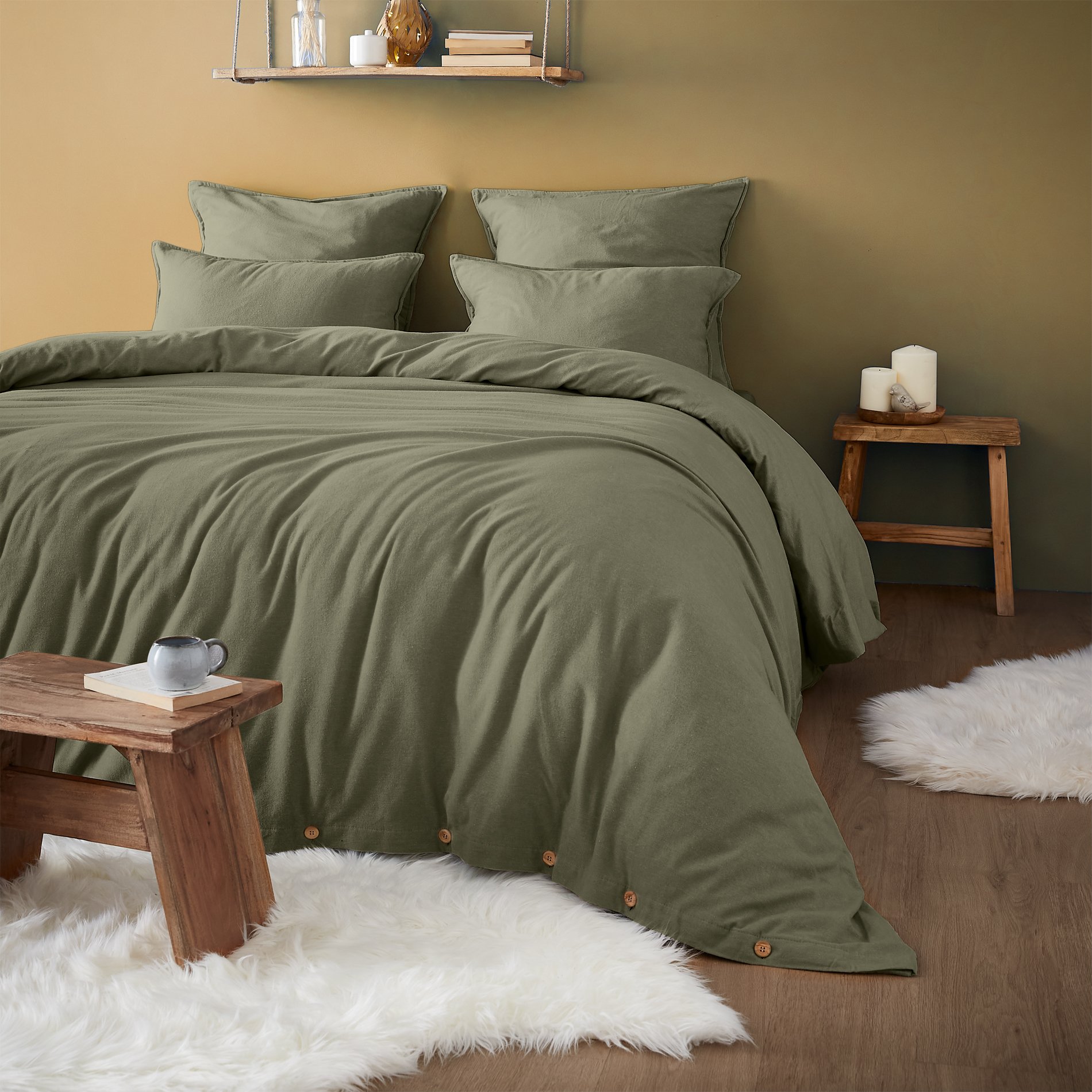 Taie d'oreiller carrée flanelle de coton (63 cm) Théa Vert romarin 4