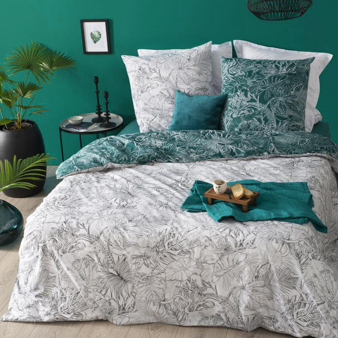 Housse de couette et deux taies coton (260 cm) Jungle Noire et Blanche 1