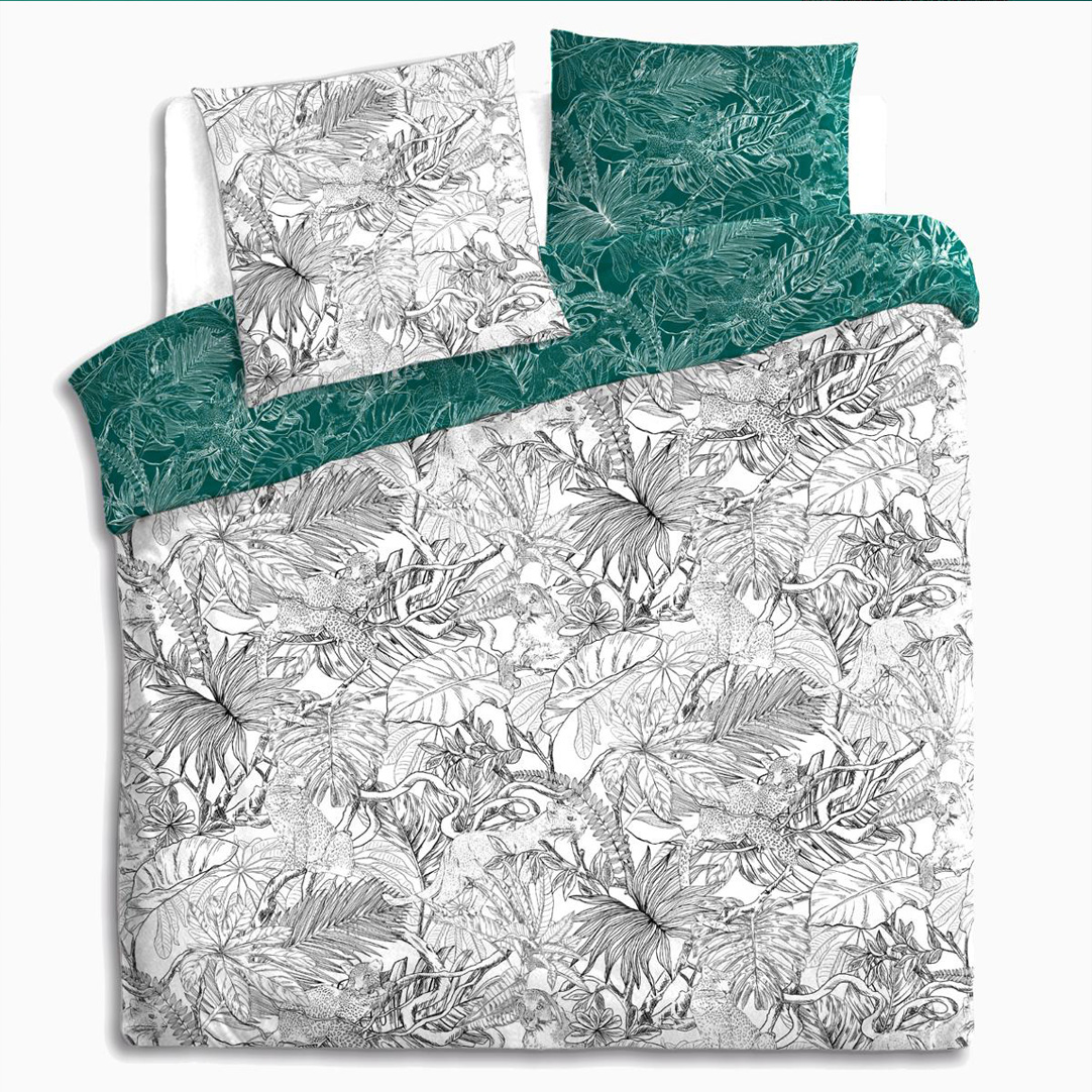 Housse de couette et deux taies coton (260 cm) Jungle Noire et Blanche 127