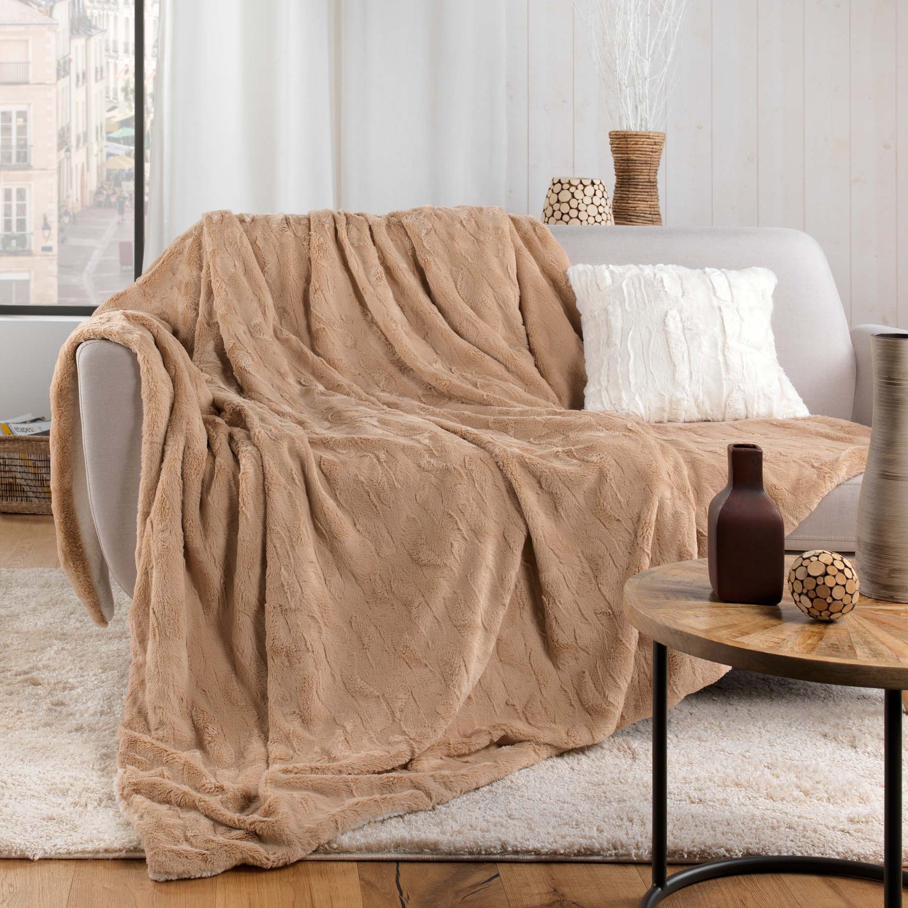Plaid fausse fourrure (220 cm) Foxy Taupe