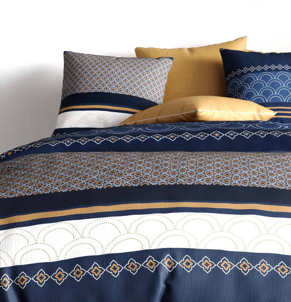 Housse de couette et deux taies coton (260 cm) Kalypso Bleue 2