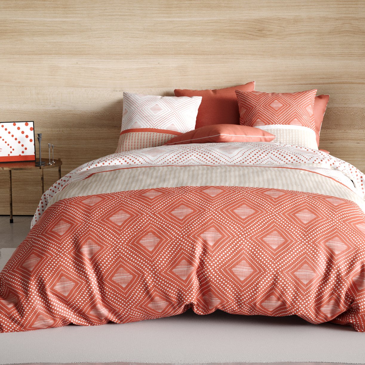 Housse de couette et deux taies coton (260 cm) Kayle Terracotta 2