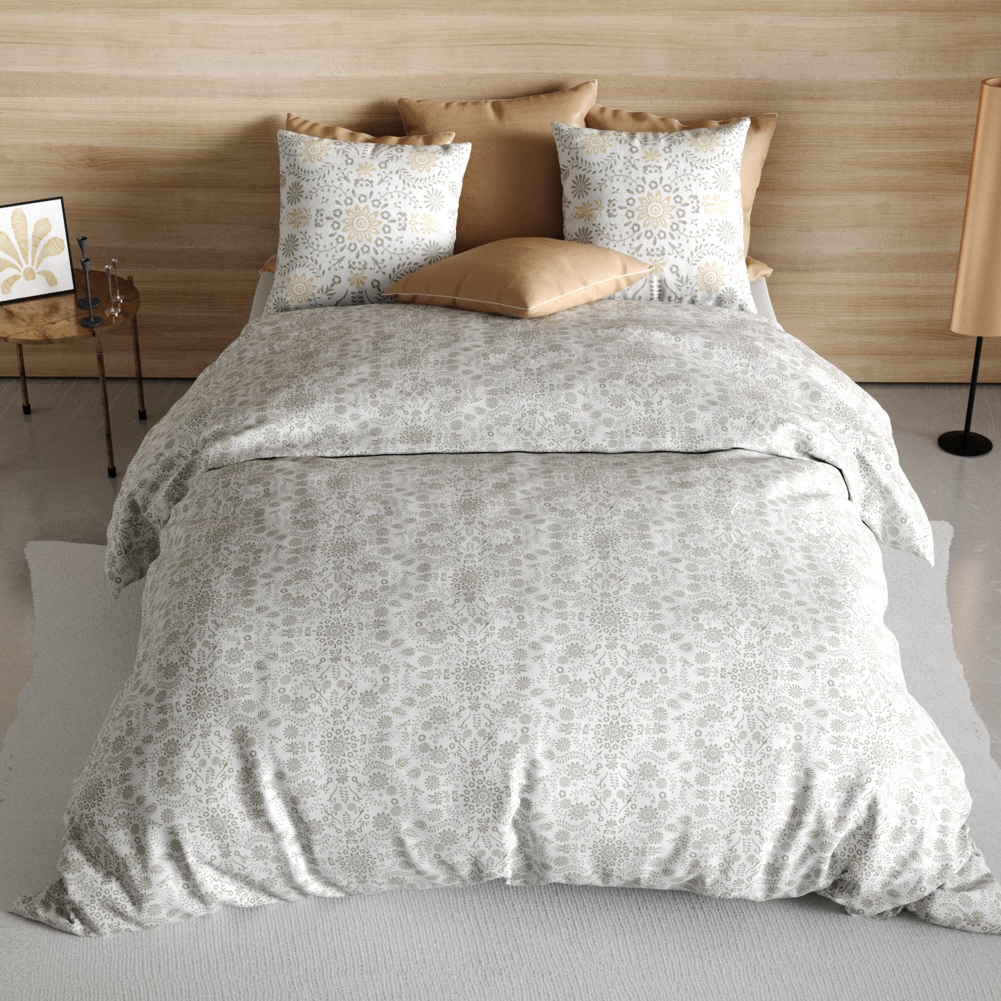 Housse de couette et deux taies coton (260 cm) Vishka Beige 4