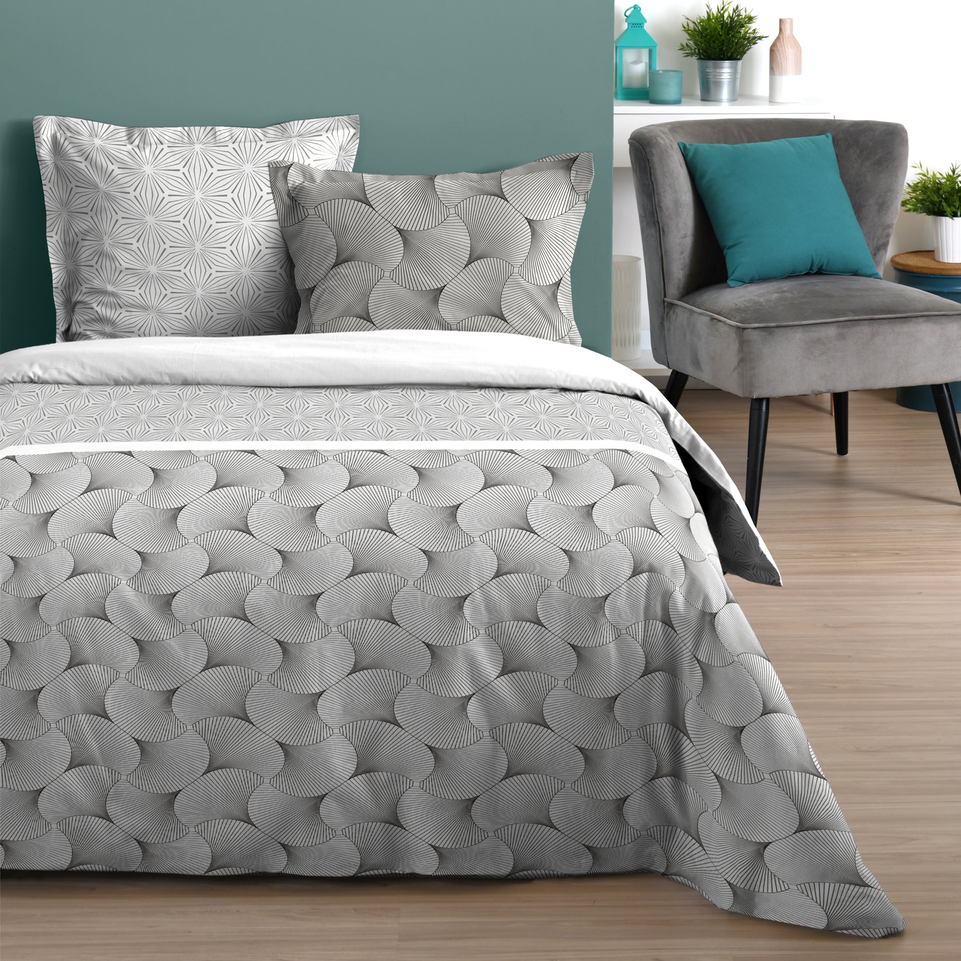 Housse de couette et deux taies coton (240 cm) Canberra Grise 1