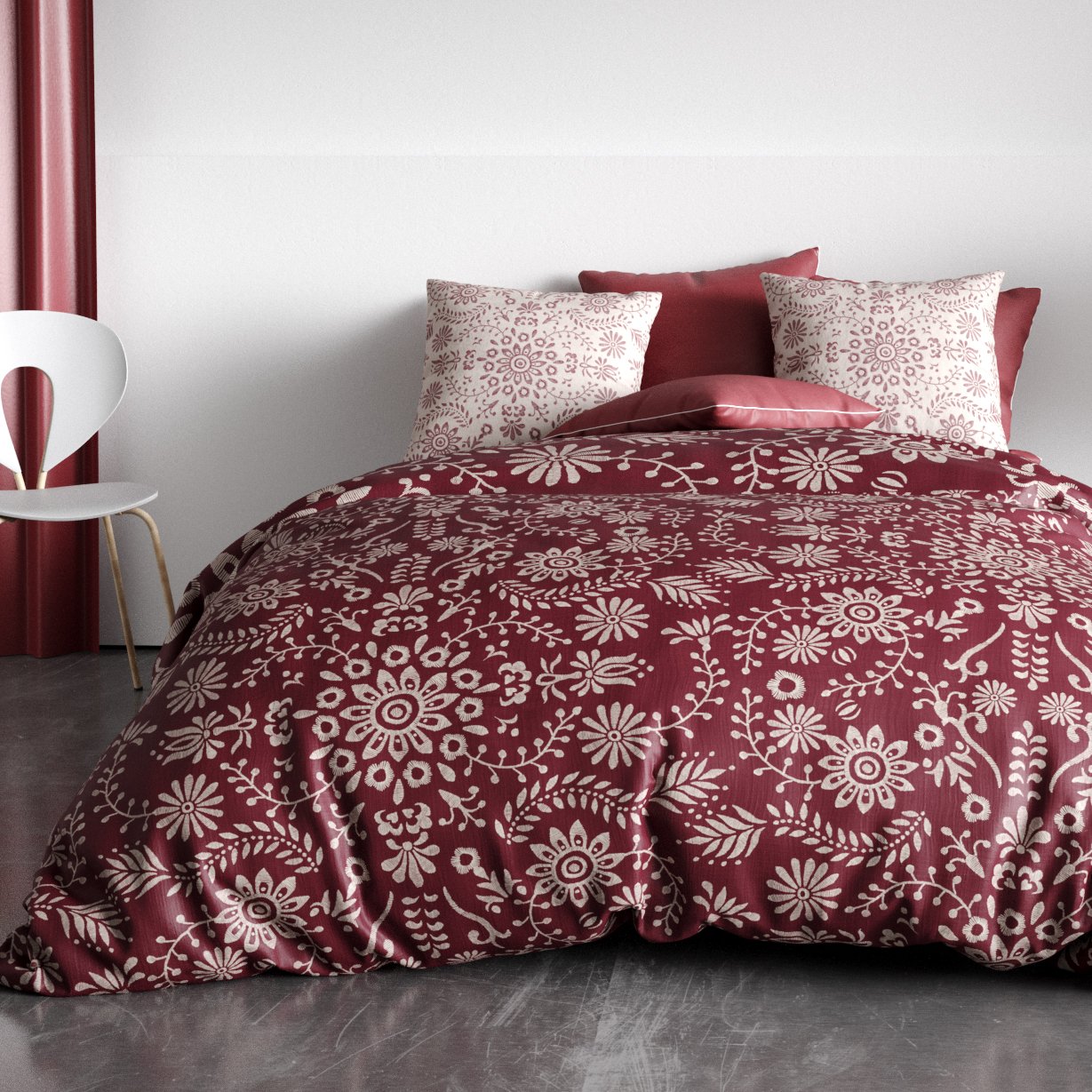 Housse de couette et deux taies coton bio (200 cm) Vishka Bordeaux 1