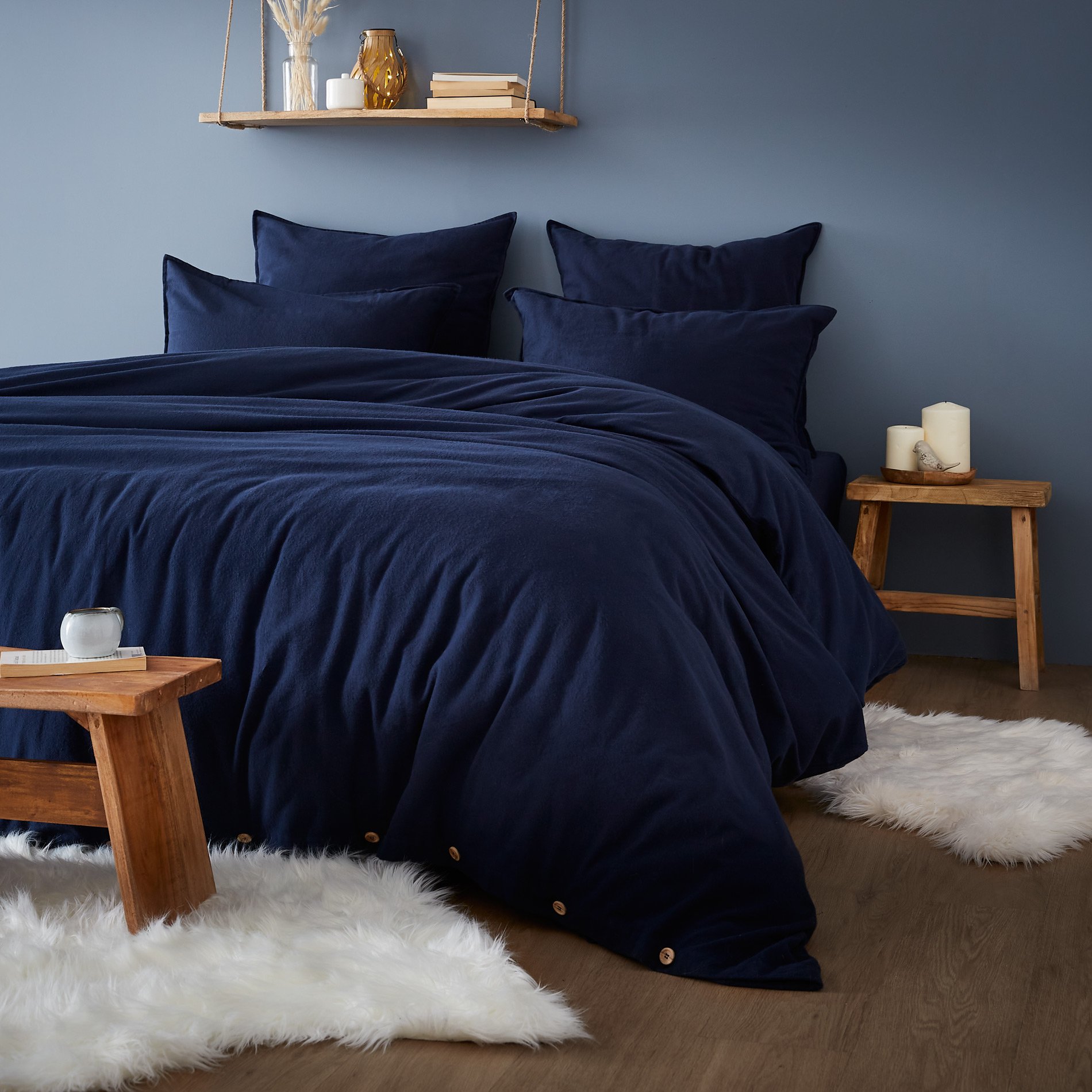 Drap housse flanelle de coton (180 cm) Théa Bleu nuit 3