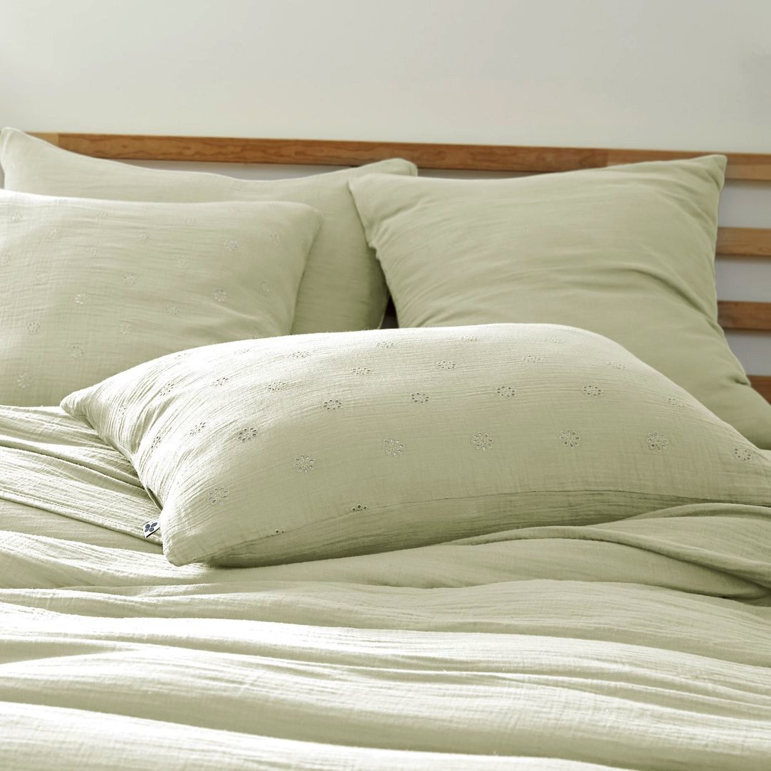 Taie d'oreiller rectangulaire gaze de coton (70 cm) Gaïa Boho Vert tilleul 1