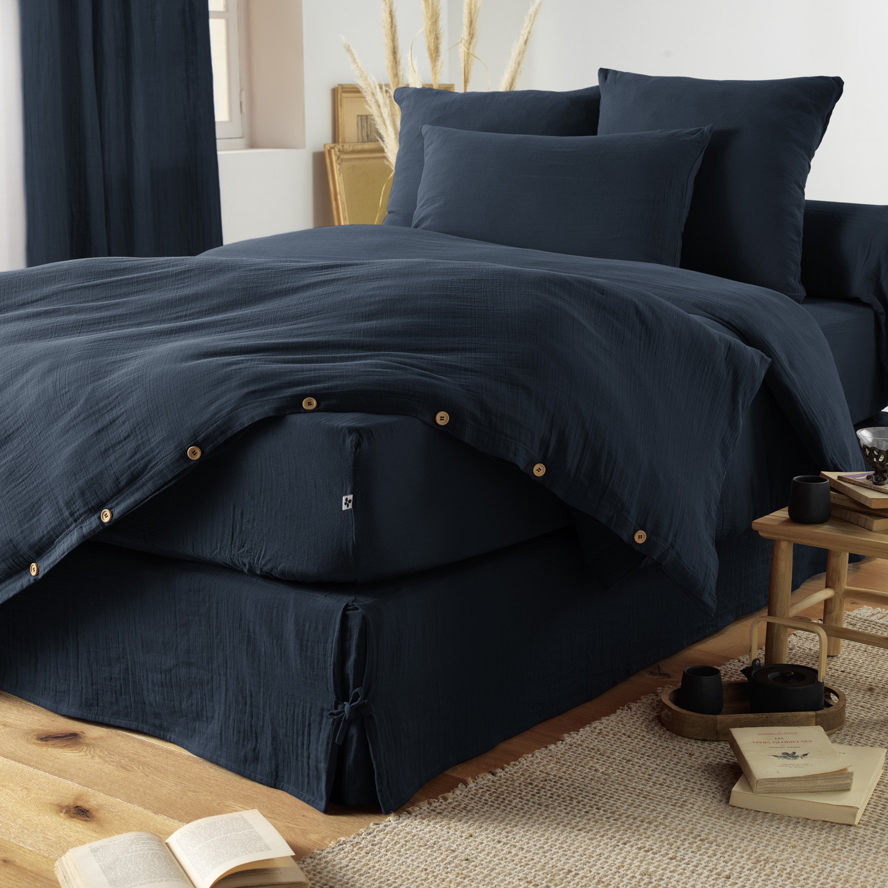 Drap housse gaze de coton (90 cm) Gaïa Bleu nuit 2