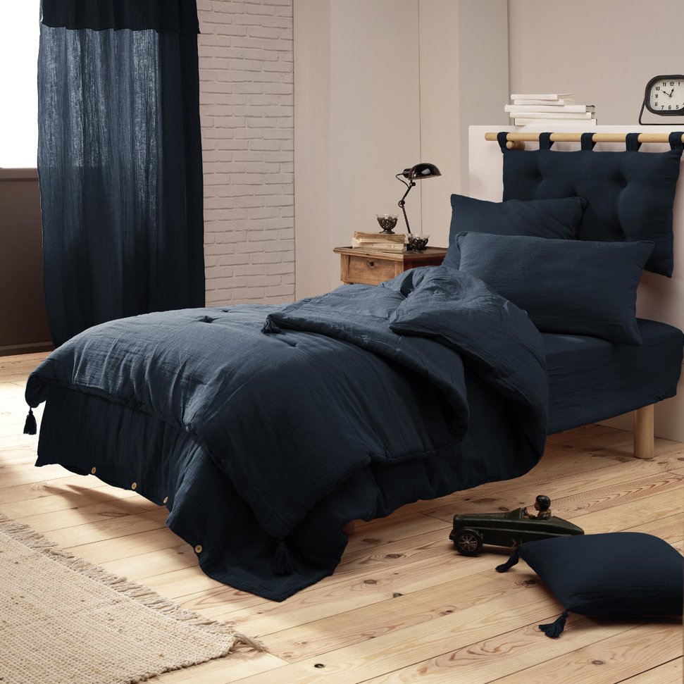 Drap housse gaze de coton (90 cm) Gaïa Bleu nuit 4
