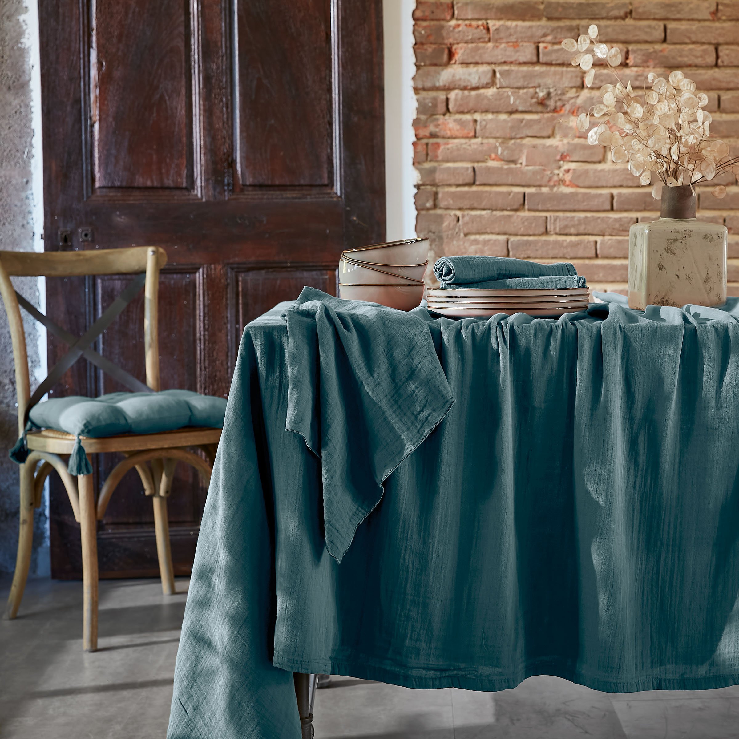 Nappe rectangulaire gaze de coton (L250 cm) Gaïa Bleu canard 1