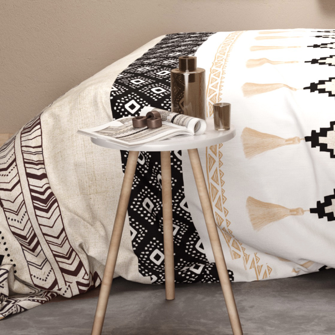 Housse de couette et deux taies coton (240 cm) Bohème Ecru 2