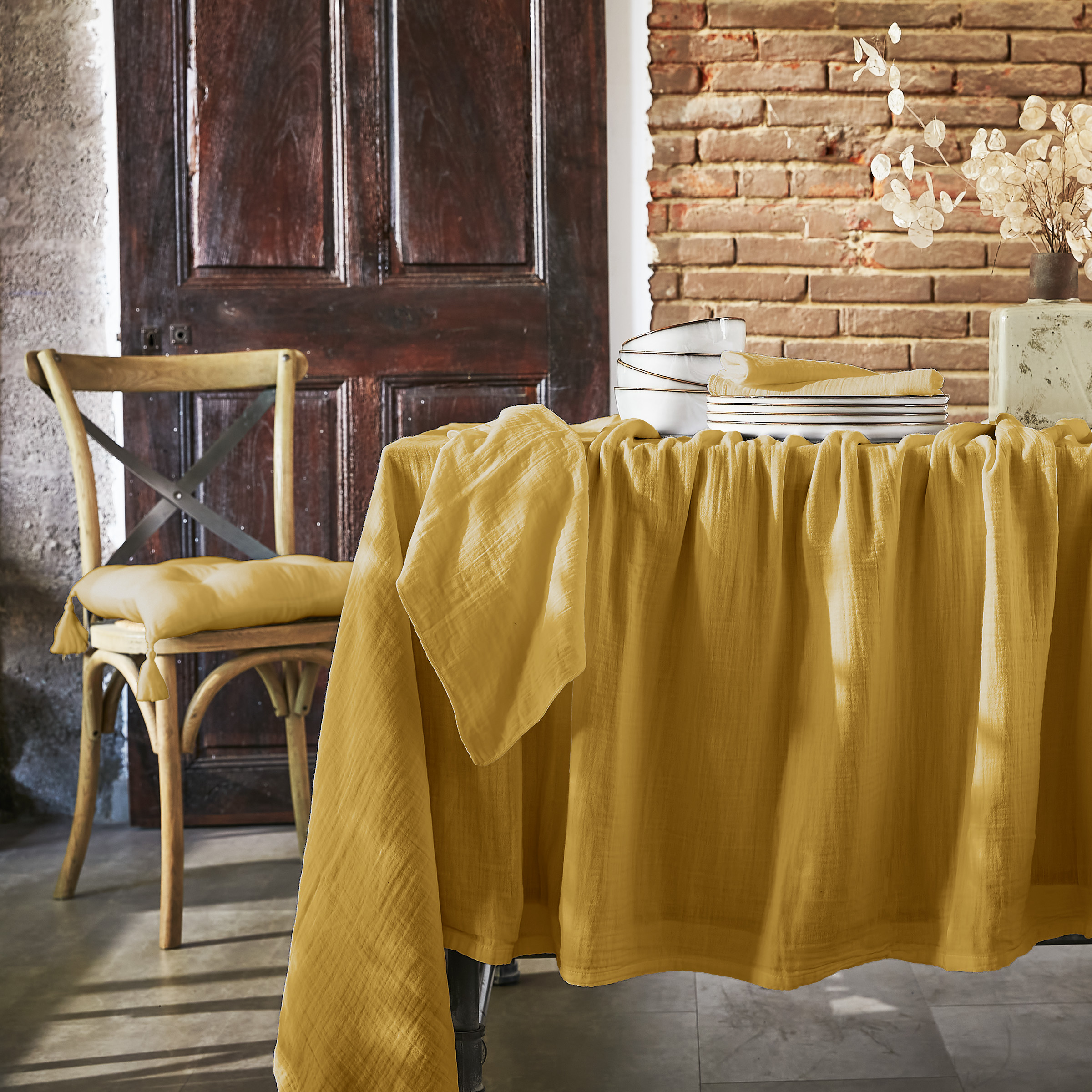 Lot de 3 serviettes gaze de coton Gaïa Jaune safran
