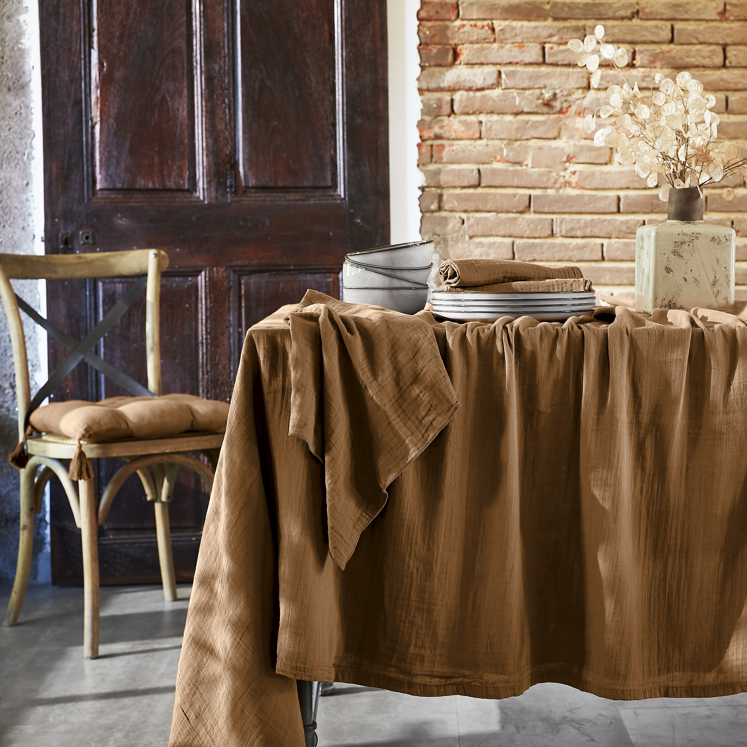 Nappe rectangulaire gaze de coton (L250 cm) Gaïa Camel 1