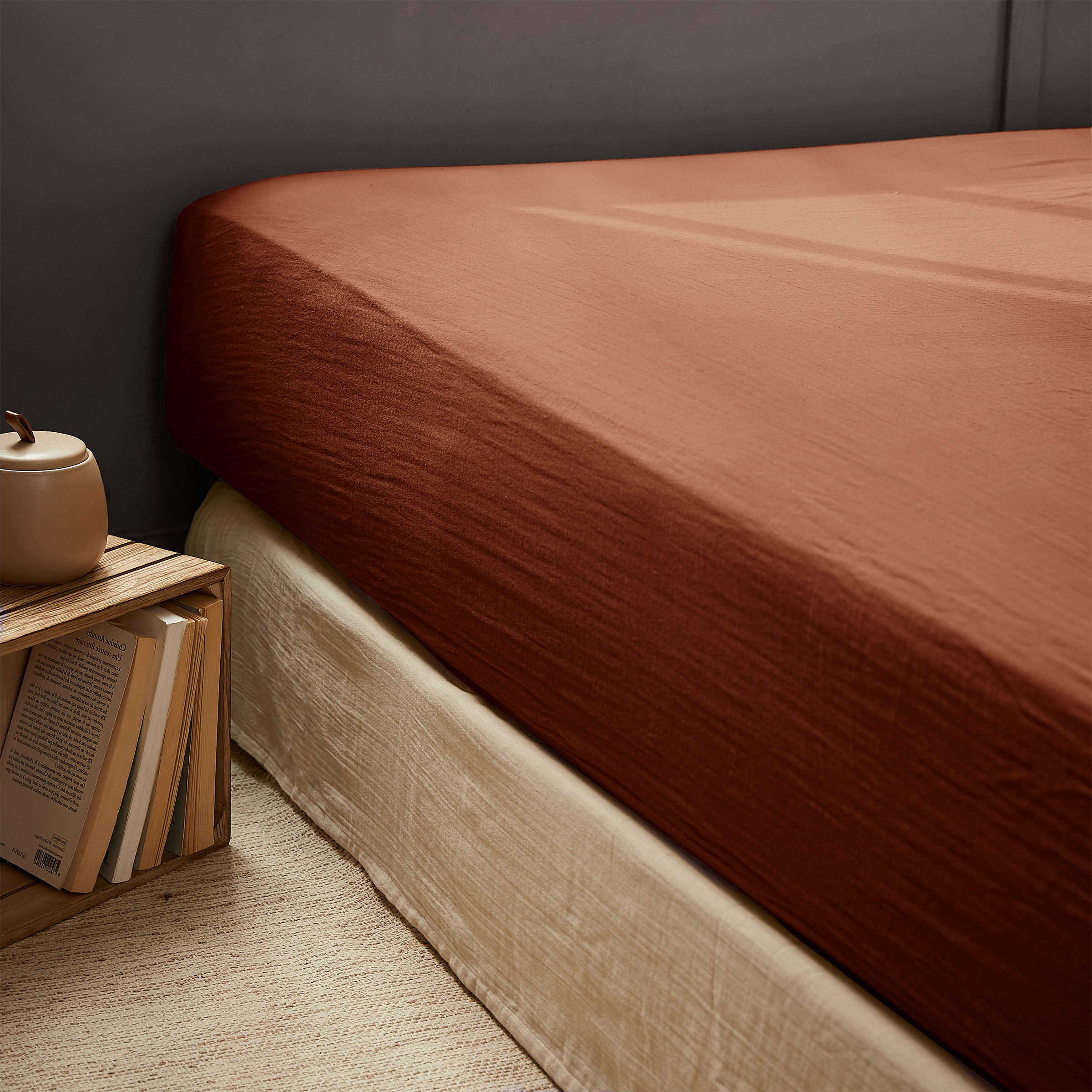 EM - Drap housse 200 x 200 cm Gaze de coton unie GAìA Terracotta