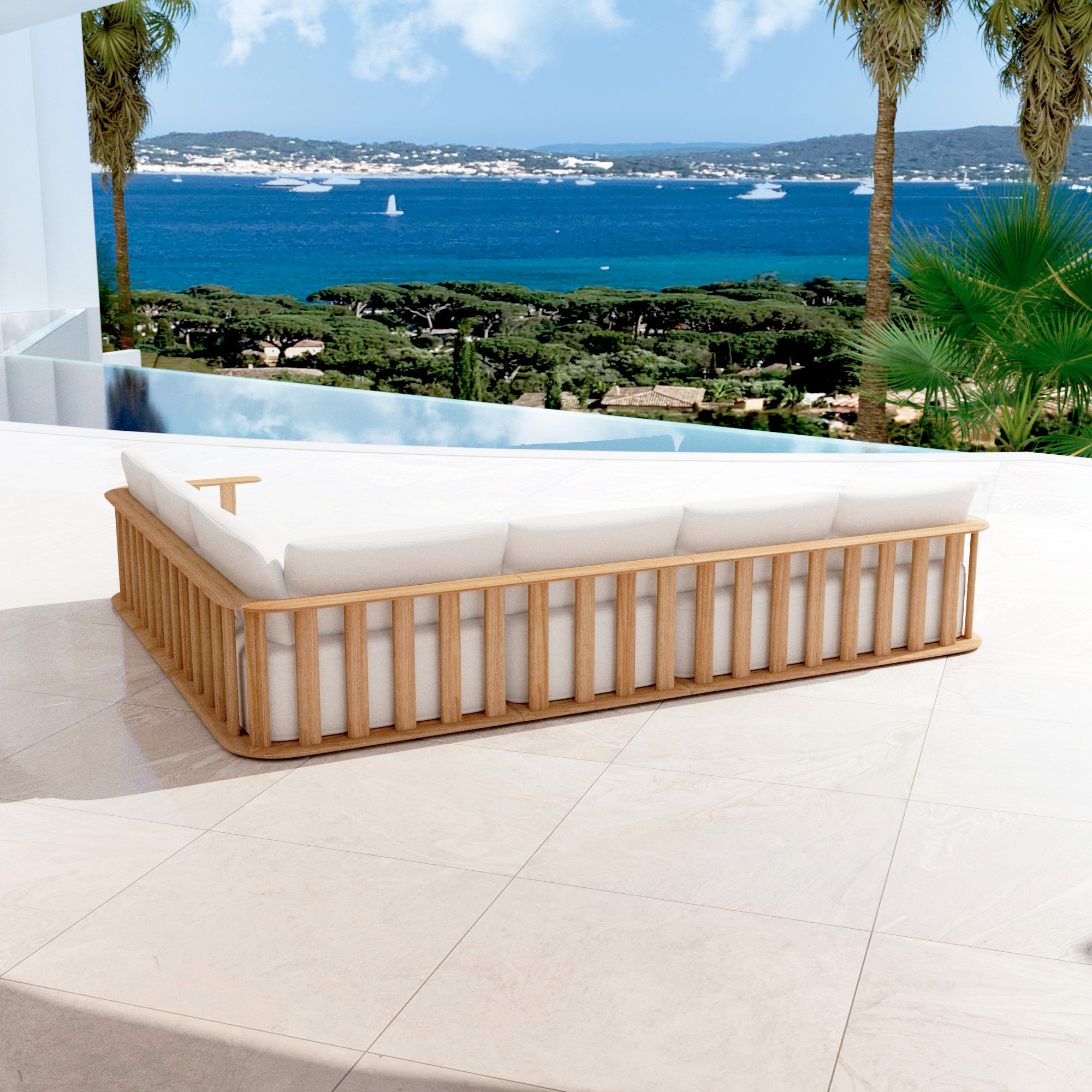 Salon de jardin d'angle bois teck 6 places Java - Ecru