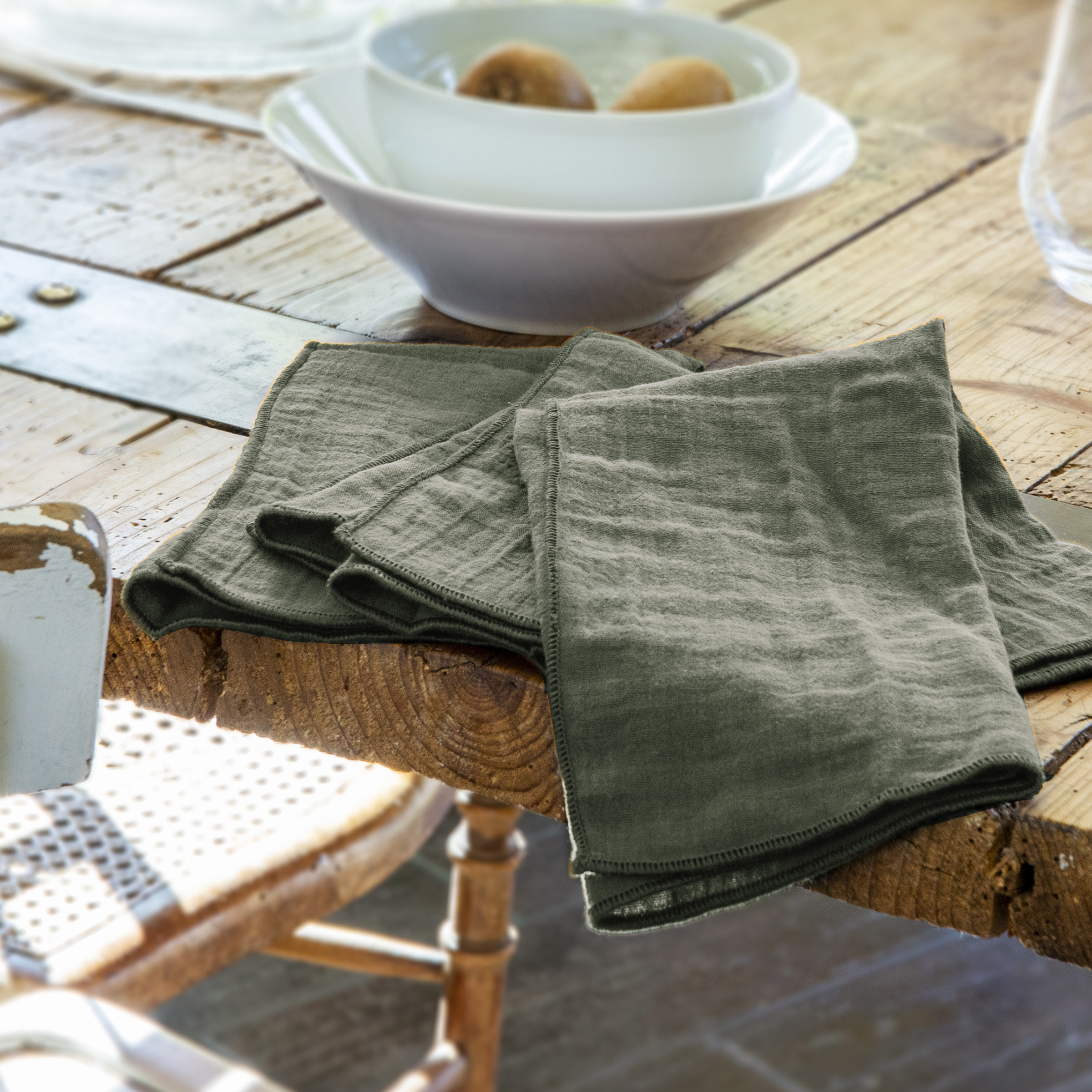 Lot de 3 serviettes gaze de coton Gaïa Vert romarin 1