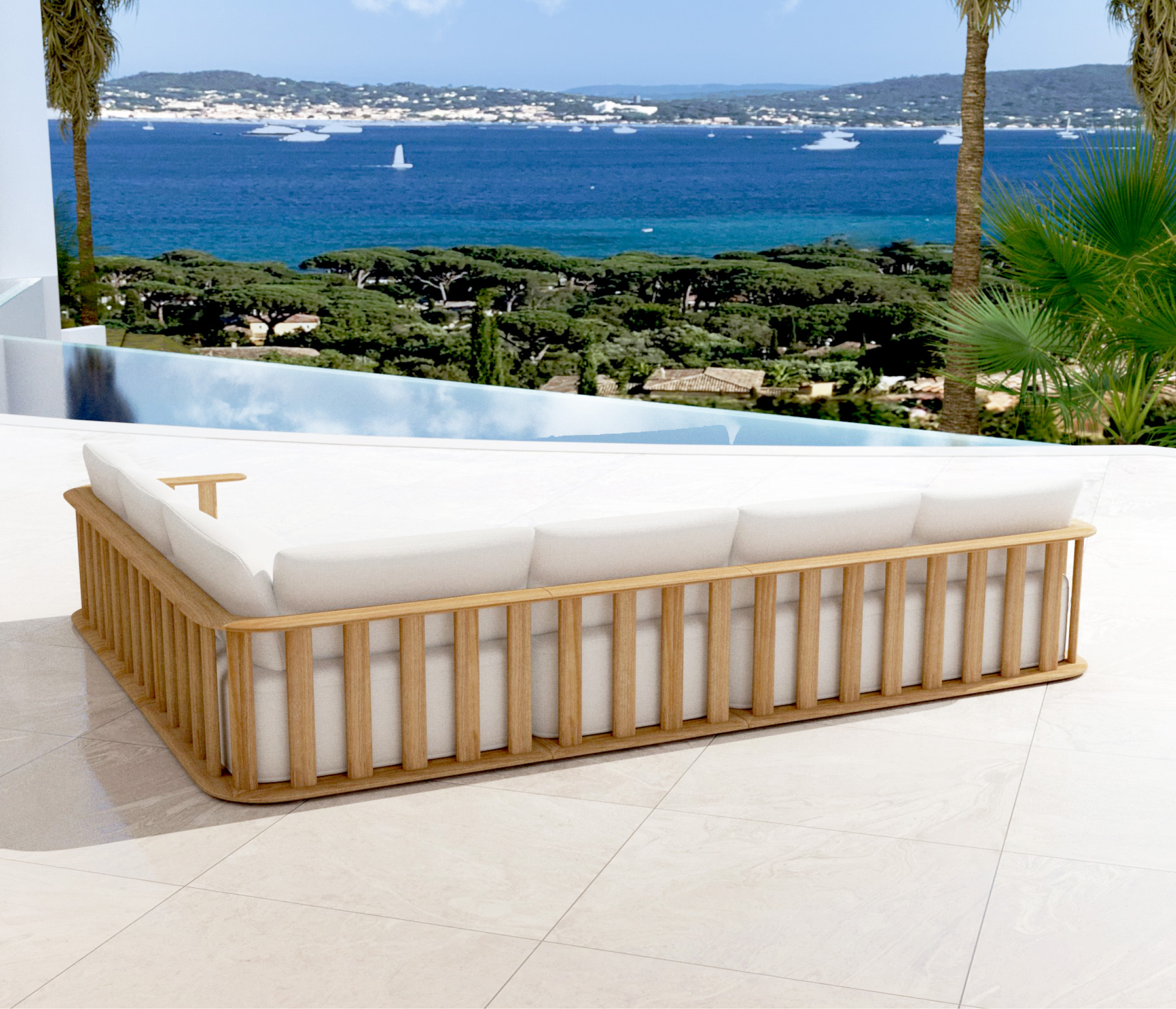 Salon de jardin d'angle bois teck 6 places Java - Ecru