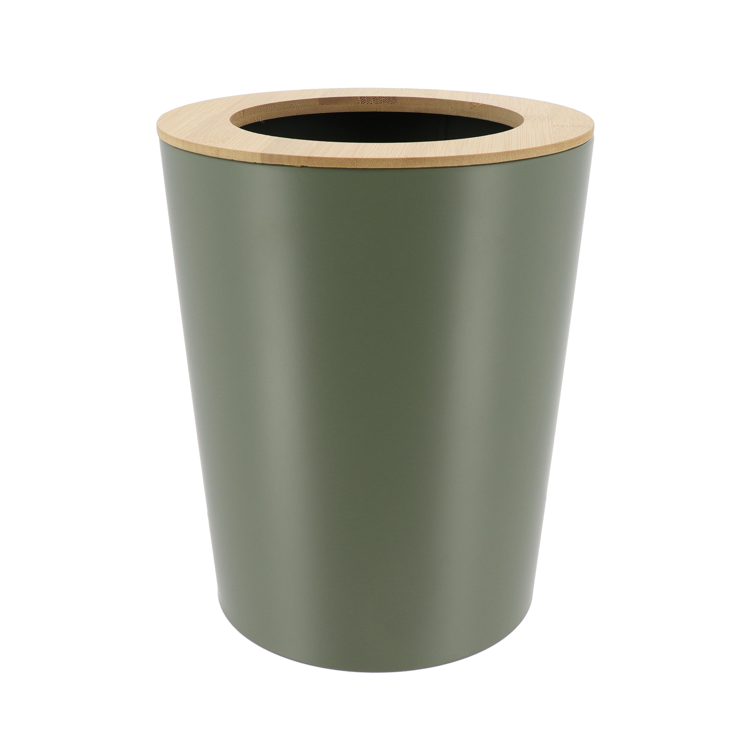 POUBELLE METAL EVASEE AVEC COUVERCLE BAMBOU 5L - KAKI/BAMBOU