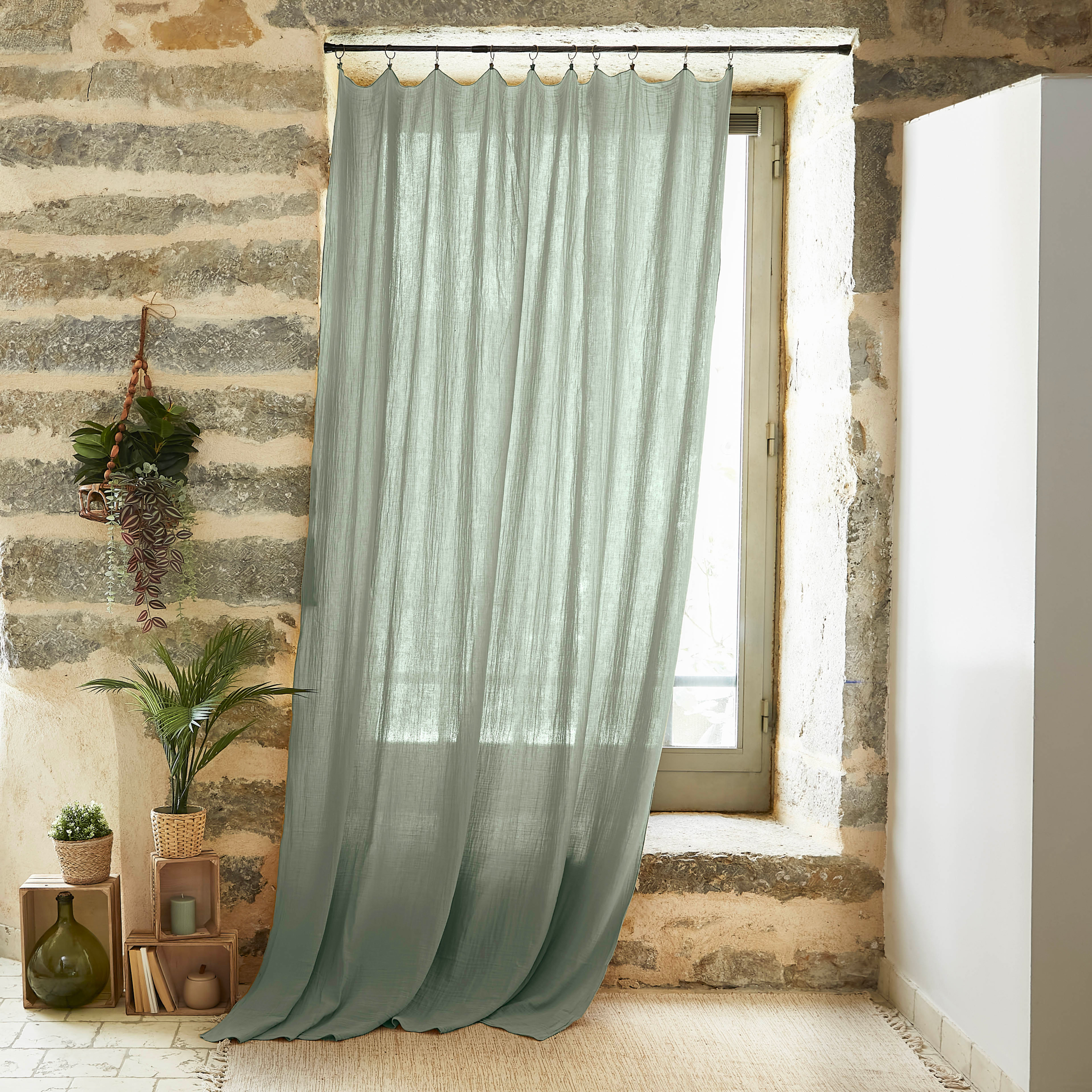 Rideau gaze de coton ajustable (180 x max 300 cm) Gaïa Vert eucalyptus