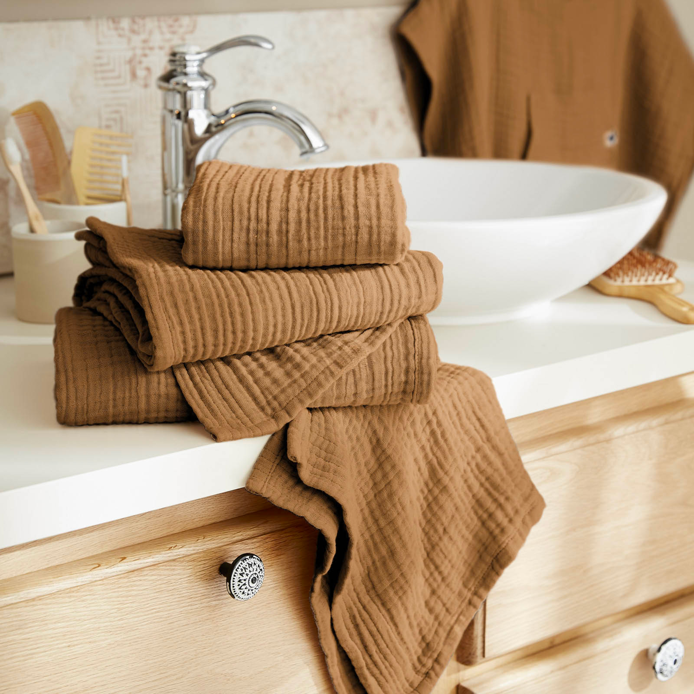 Serviette de bain gaze de coton (90 x 150 cm) Gaïa Camel