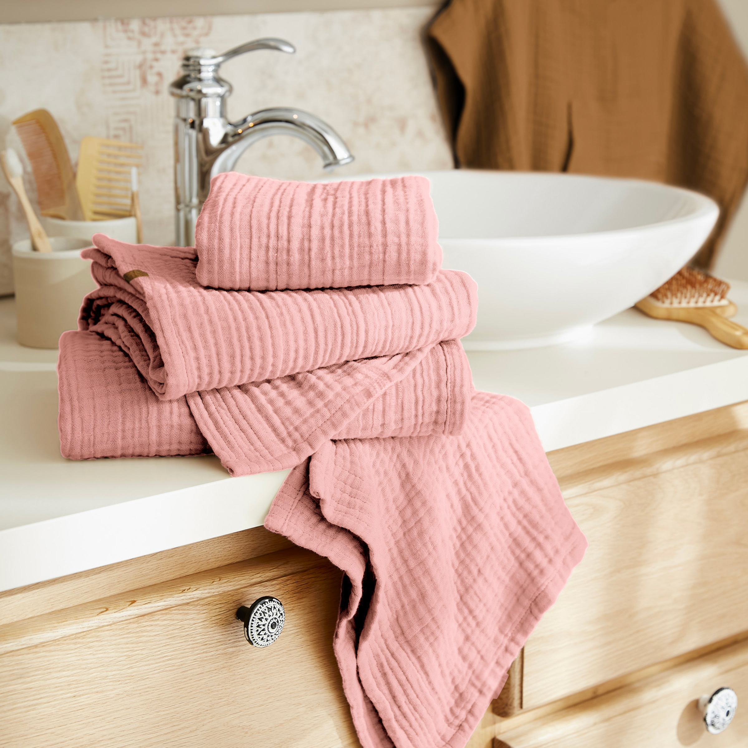 Serviette de bain gaze de coton (50 x 90 cm) Gaïa Rose pêche
