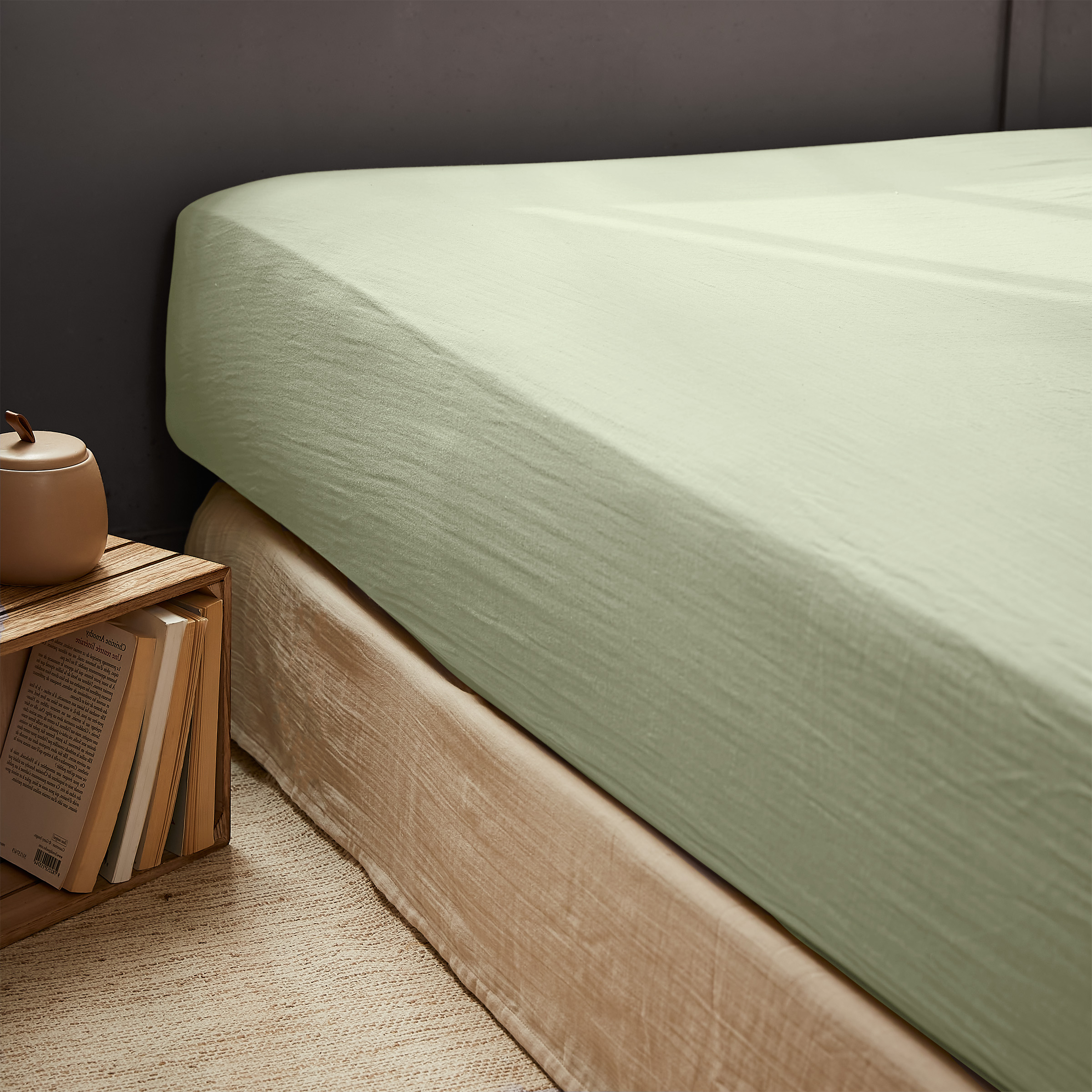 Drap housse gaze de coton (160 cm) Gaïa Vert tilleul 1