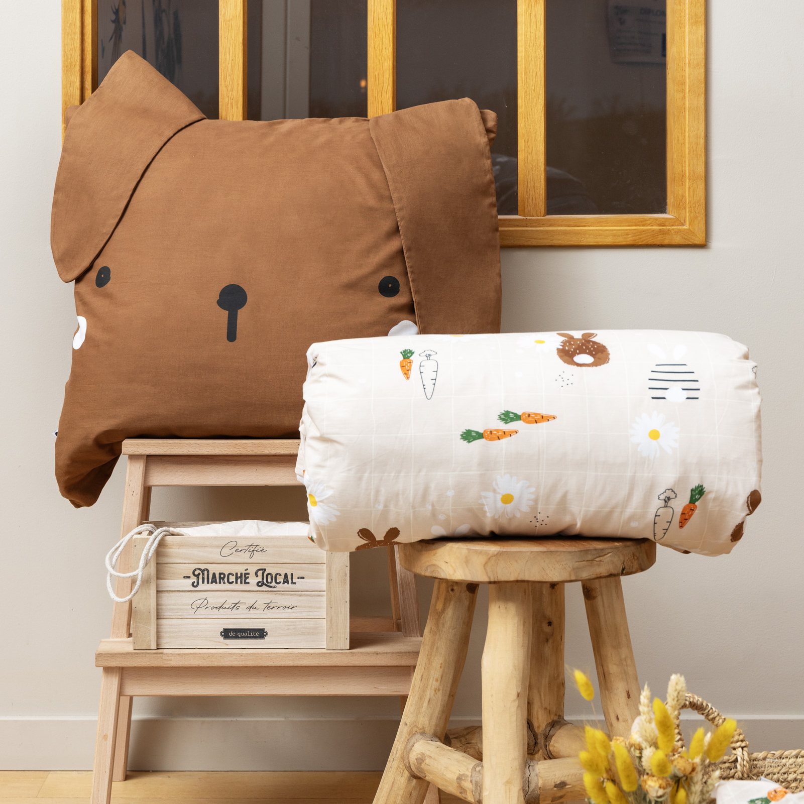 Housse de couette et deux taies enfant coton (240 x 220 cm) Pompon Marron