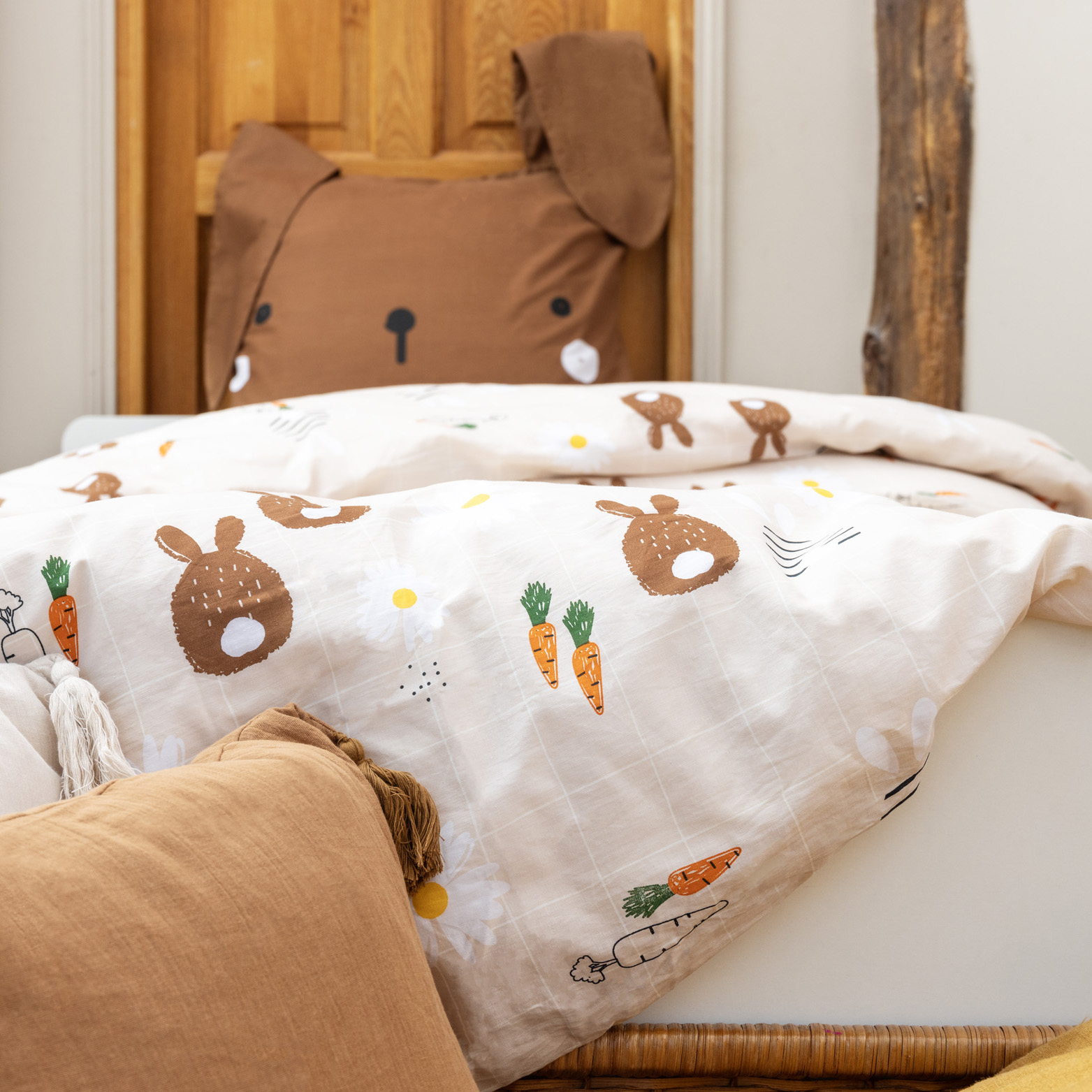 Housse de couette et deux taies enfant coton (240 x 220 cm) Pompon Marron