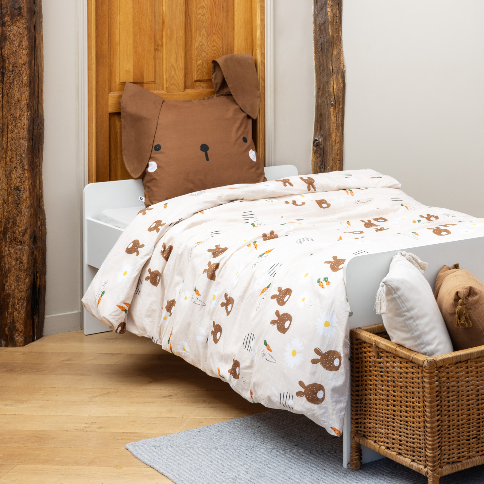 Housse de couette et deux taies enfant coton (240 x 220 cm) Pompon Marron