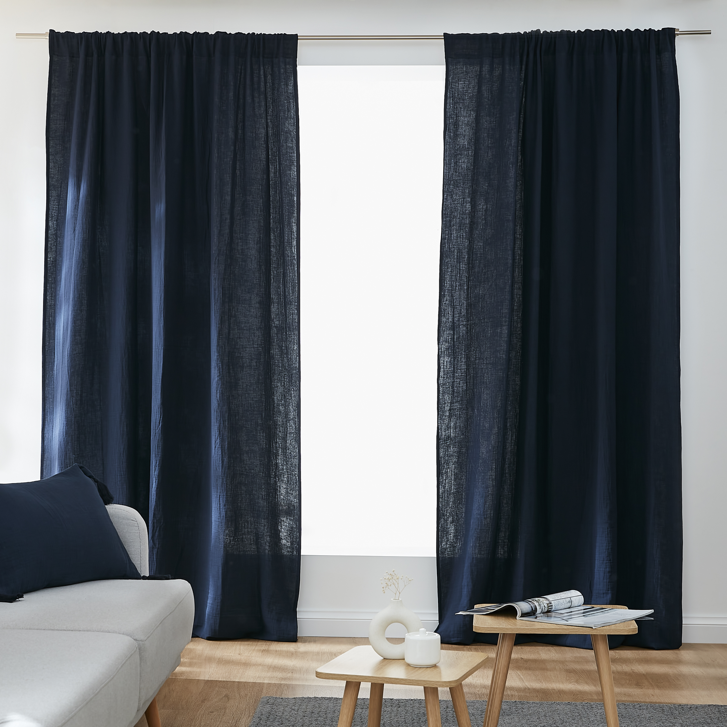 Rideau gaze de coton galon fronceur (180 x 240 cm) Gaïa Bleu nuit