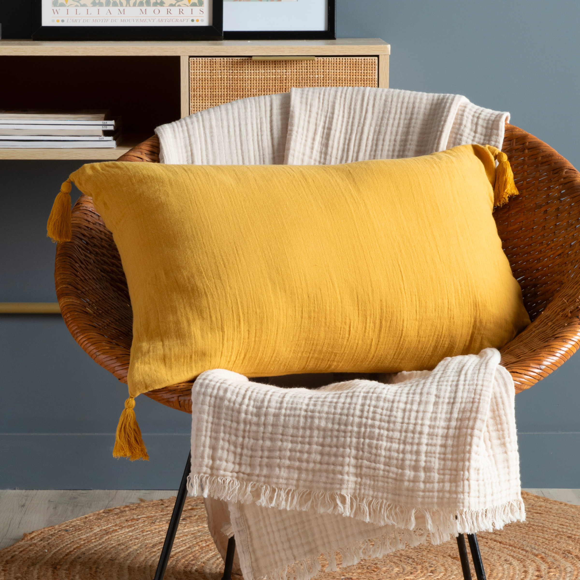Coussin rectangulaire gaze de coton (40 x 60 cm) Gaïa Jaune safran