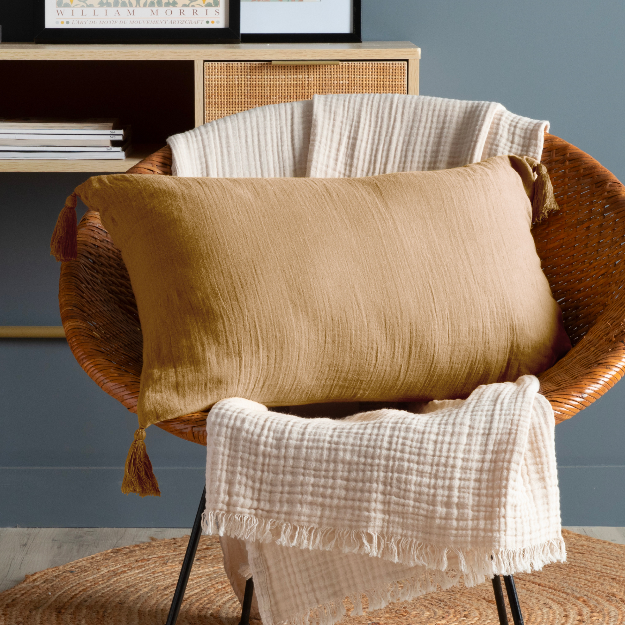Coussin rectangulaire gaze de coton (40 x 60 cm) Gaïa Camel