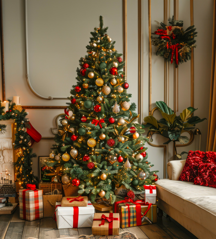 Sapin de Noël avec décorations rouges et dorées