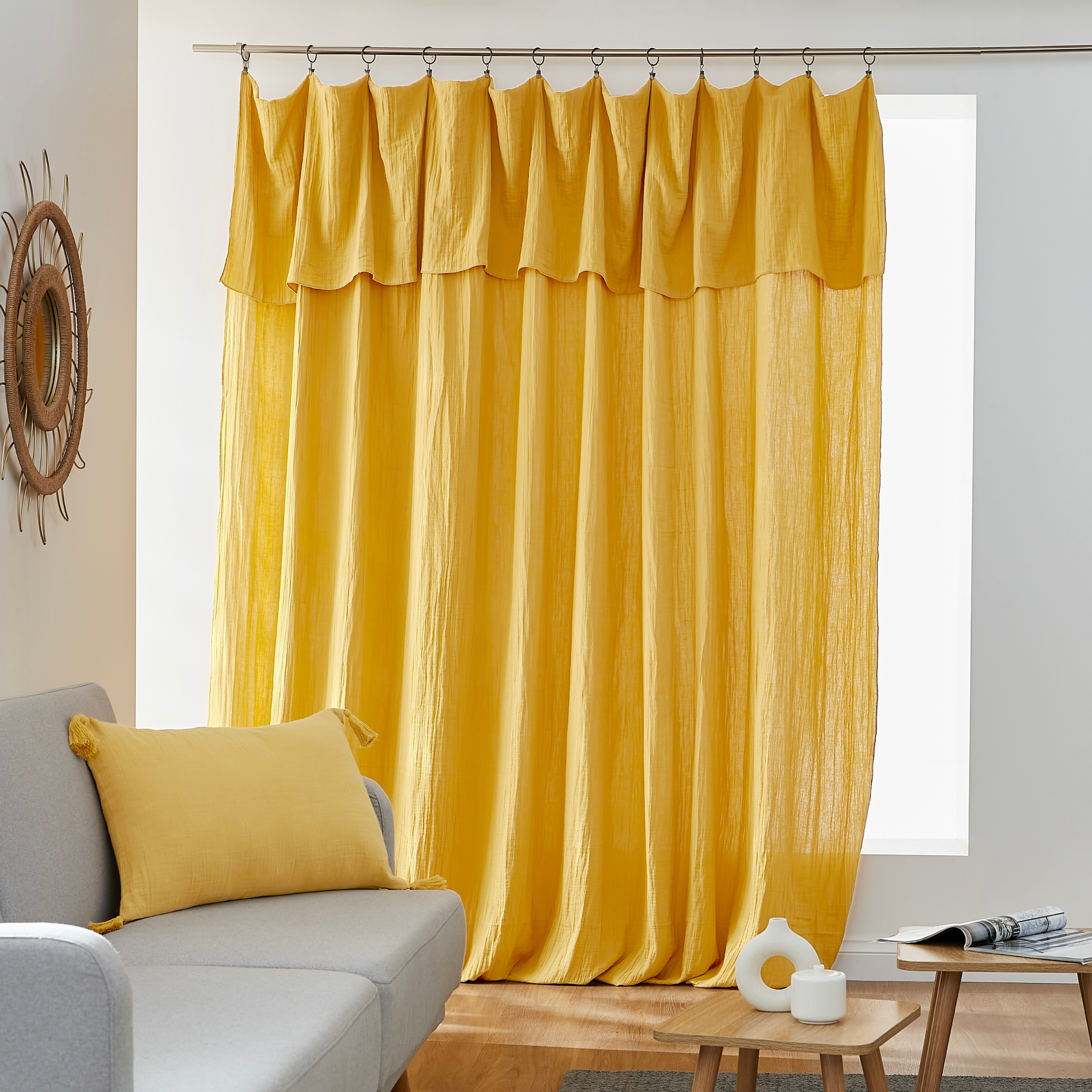 Rideau gaze de coton ajustable (280 x max 300 cm) Gaïa Jaune safran