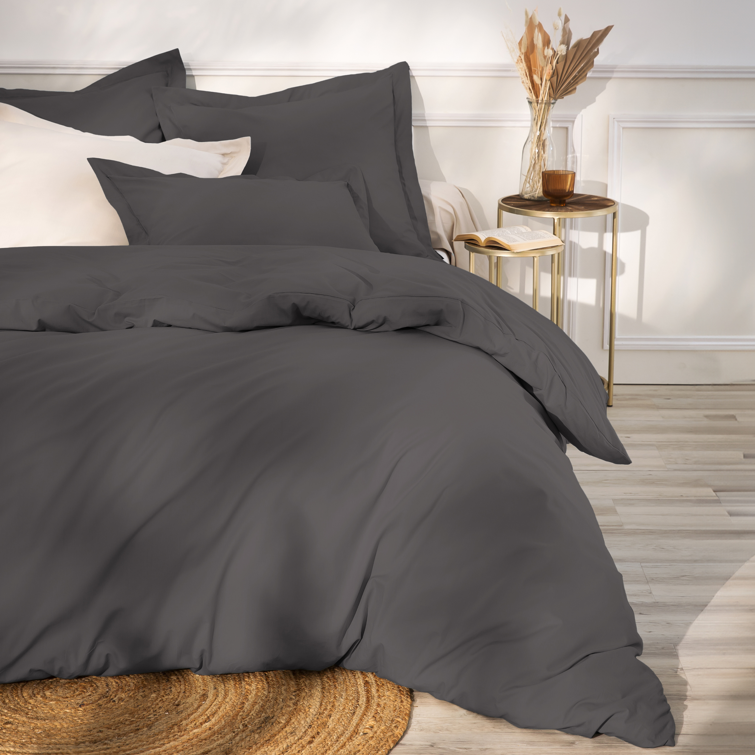 Drap housse percale de coton (180 x 200 cm) Cali Gris anthracite