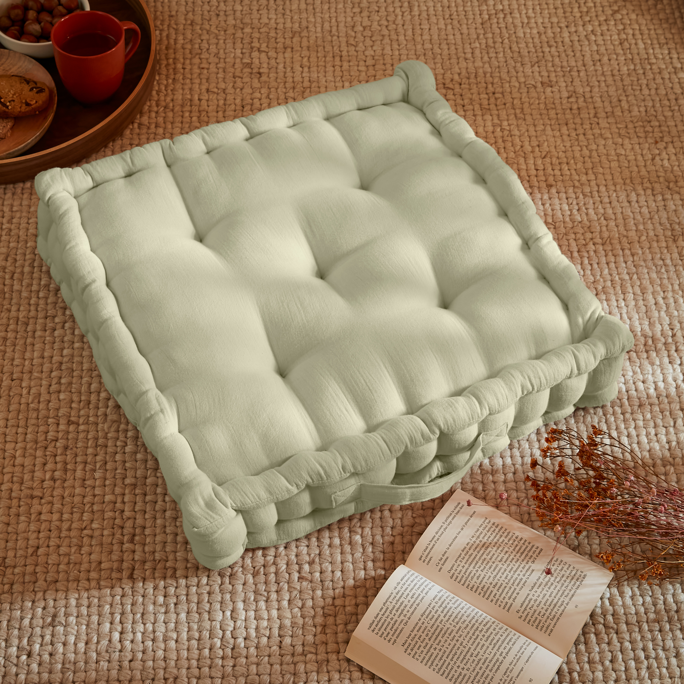 Coussin de sol gaze de coton (50 x 50 cm) Gaïa Vert tilleul
