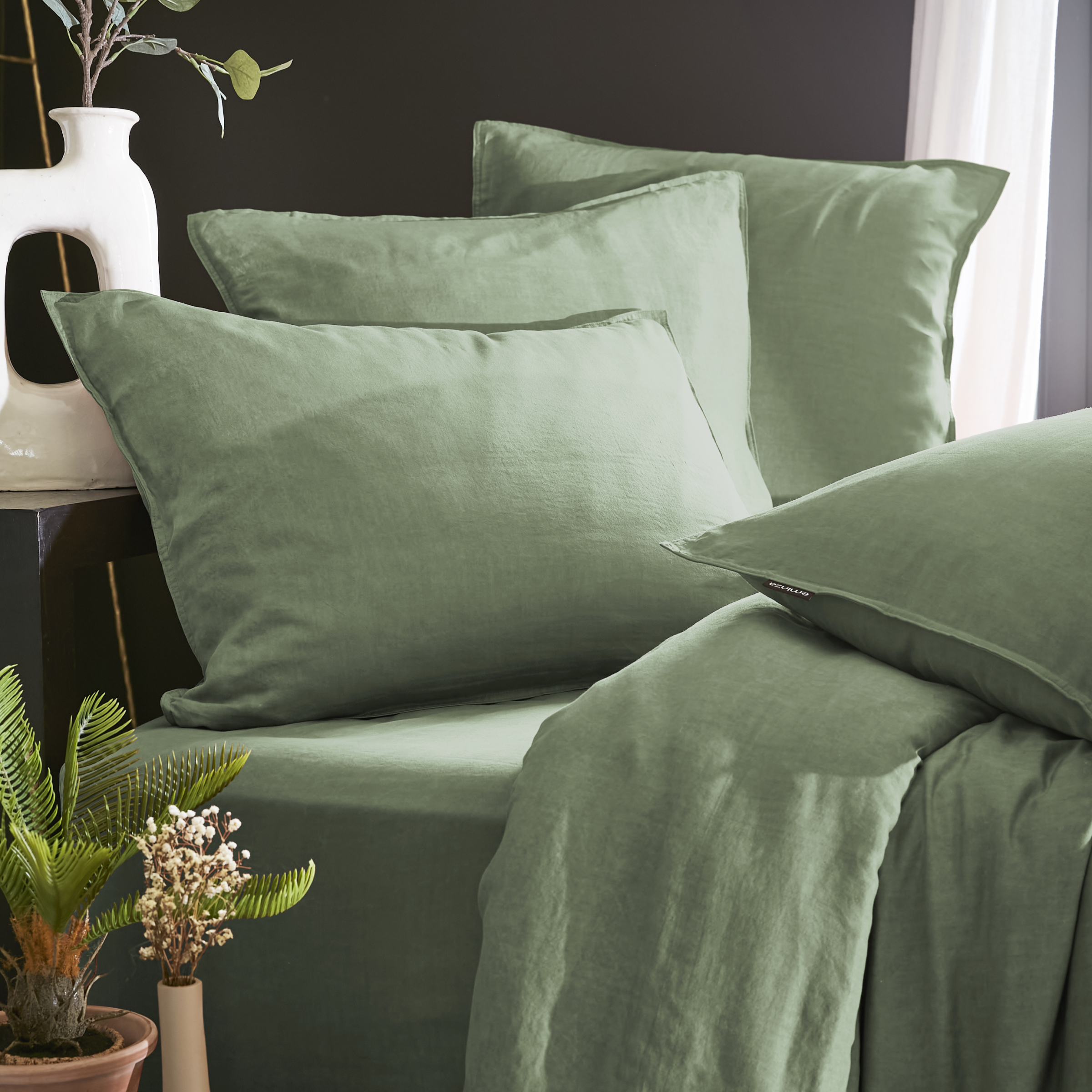Taie d'oreiller carrée lyocell Tencel™ lavé (63 x 63 cm) Olivia Vert romarin