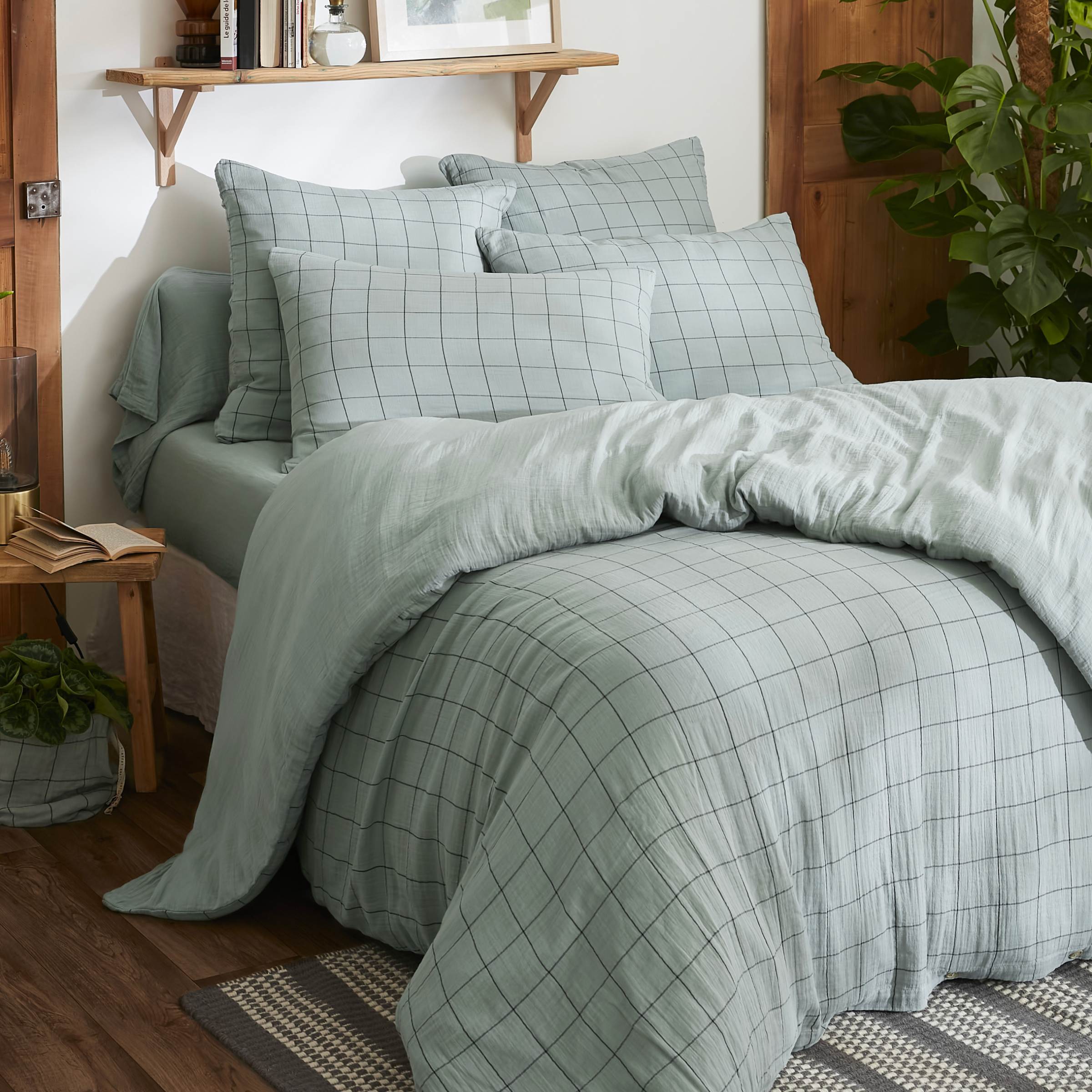 EM - Housse de couette rŽversible 240 x 220 cm Gaze de coton tissŽe teinte GAìA MATCH Eucalyptus
