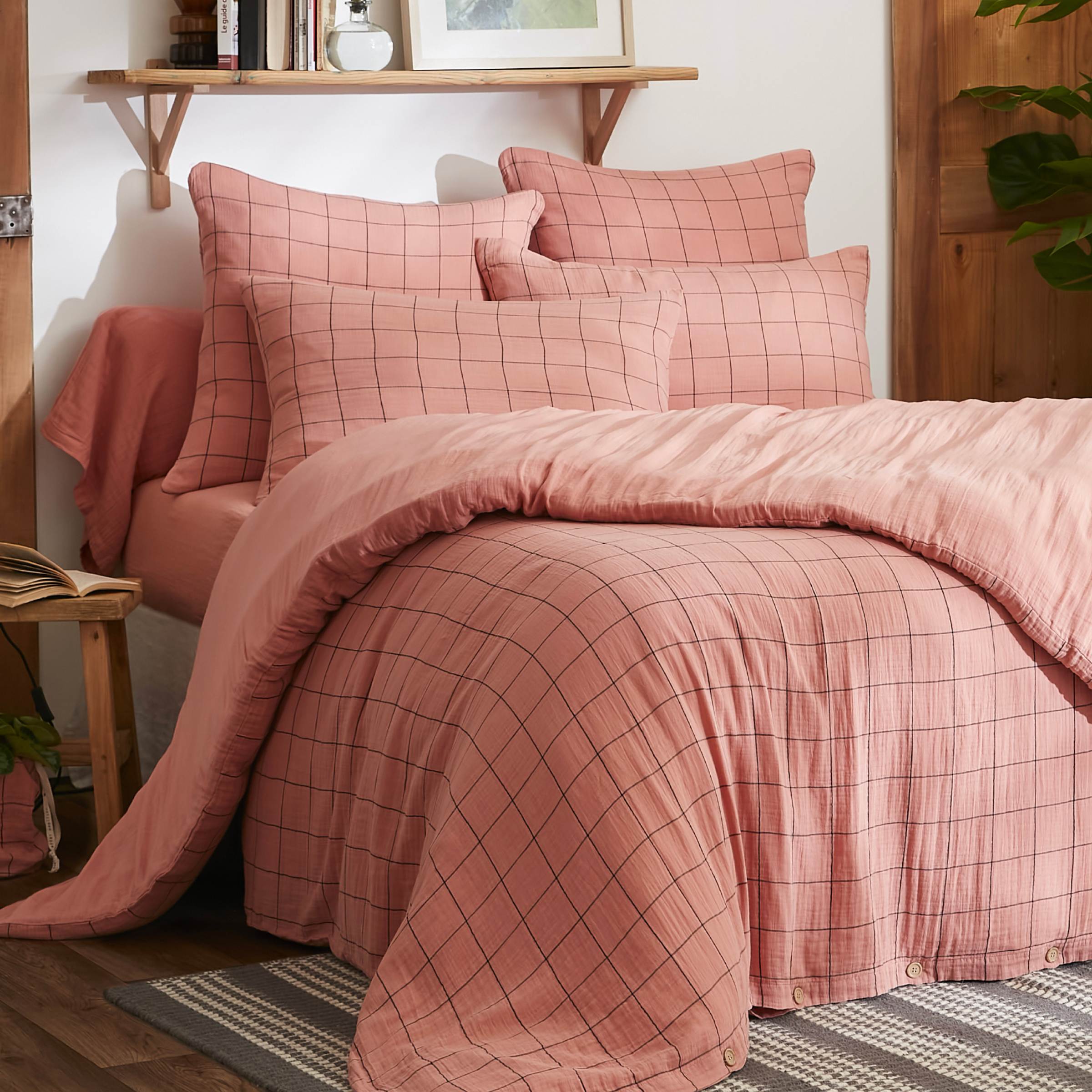 EM - Housse de couette rŽversible 240 x 220 cm Gaze de coton tissŽe teinte GAìA MATCH Rose pche