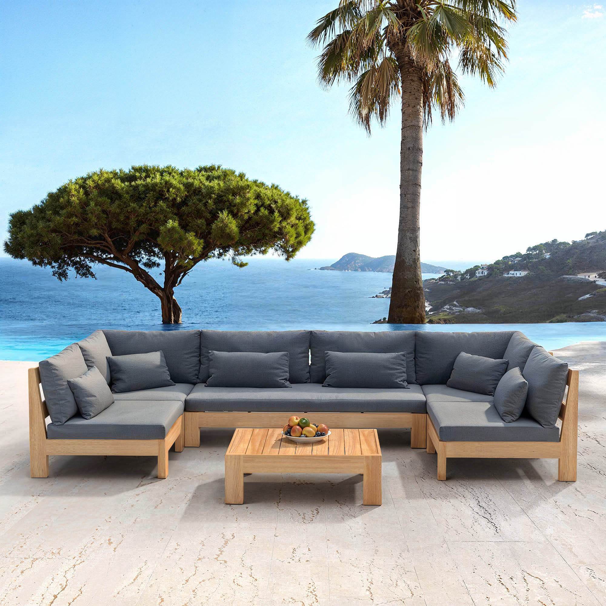 SALON DE JARDIN D'ANGLE BORNEO 7 PLACES STRUCTURE EN BOIS ET COUSSINS ANTHRACITE
