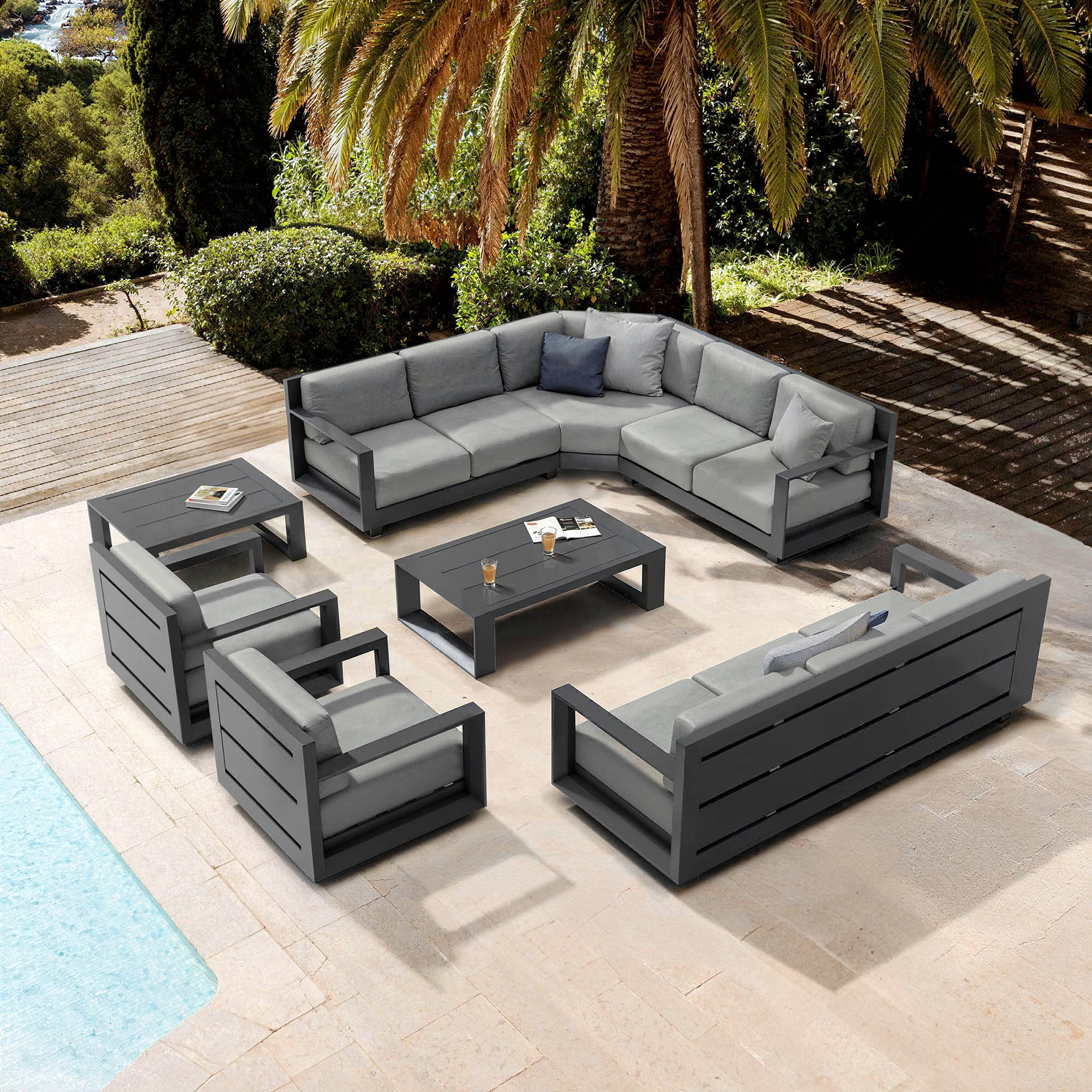 SALON DE JARDIN D'ANGLE ELBA 10 PLACES STRUCTURE ANTHRACITE ET COUSSINS ANTHRACITE